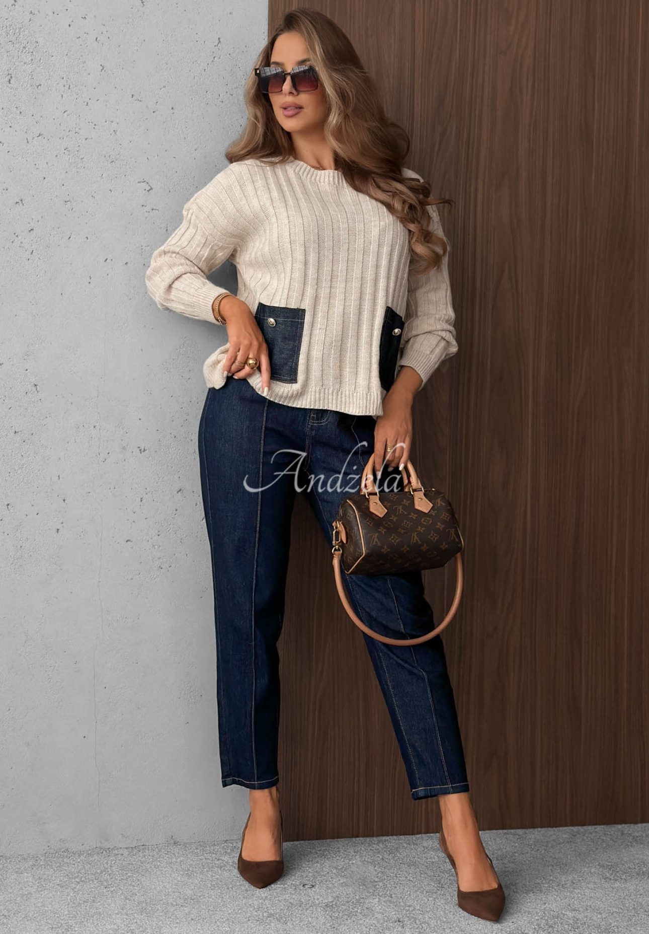 Gerippter Pullover mit Jeans-Taschen aus Wolle und Mohair Cozy Grace Beige