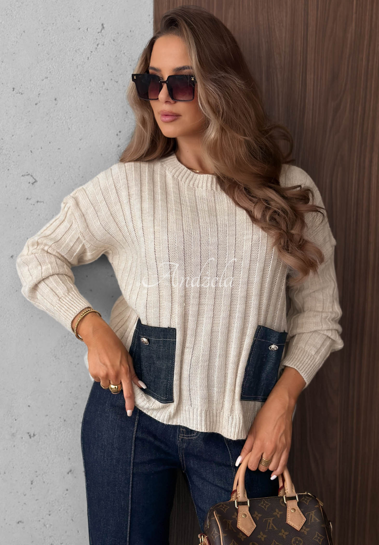 Gerippter Pullover mit Jeans-Taschen aus Wolle und Mohair Cozy Grace Beige