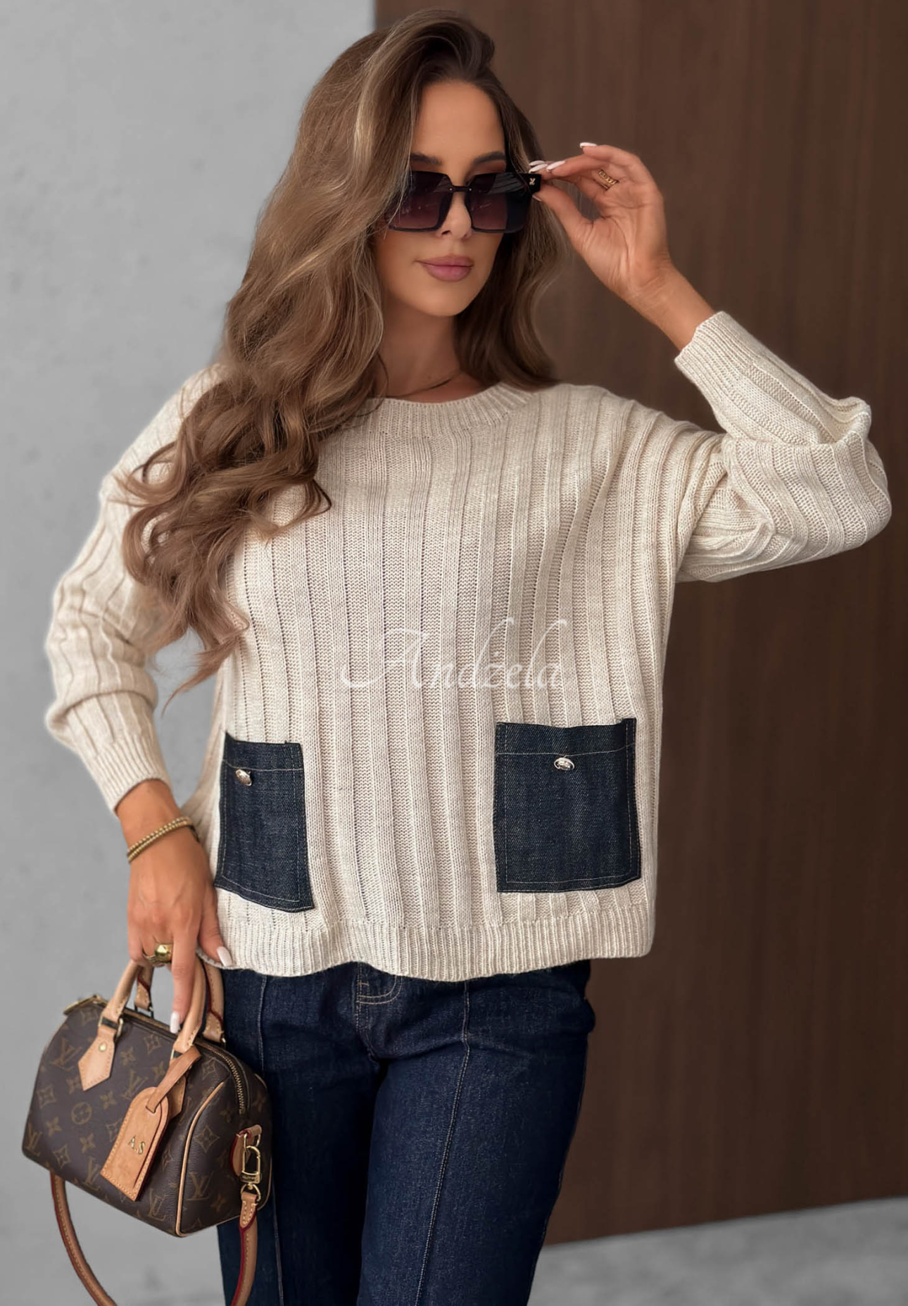 Gerippter Pullover mit Jeans-Taschen aus Wolle und Mohair Cozy Grace Beige