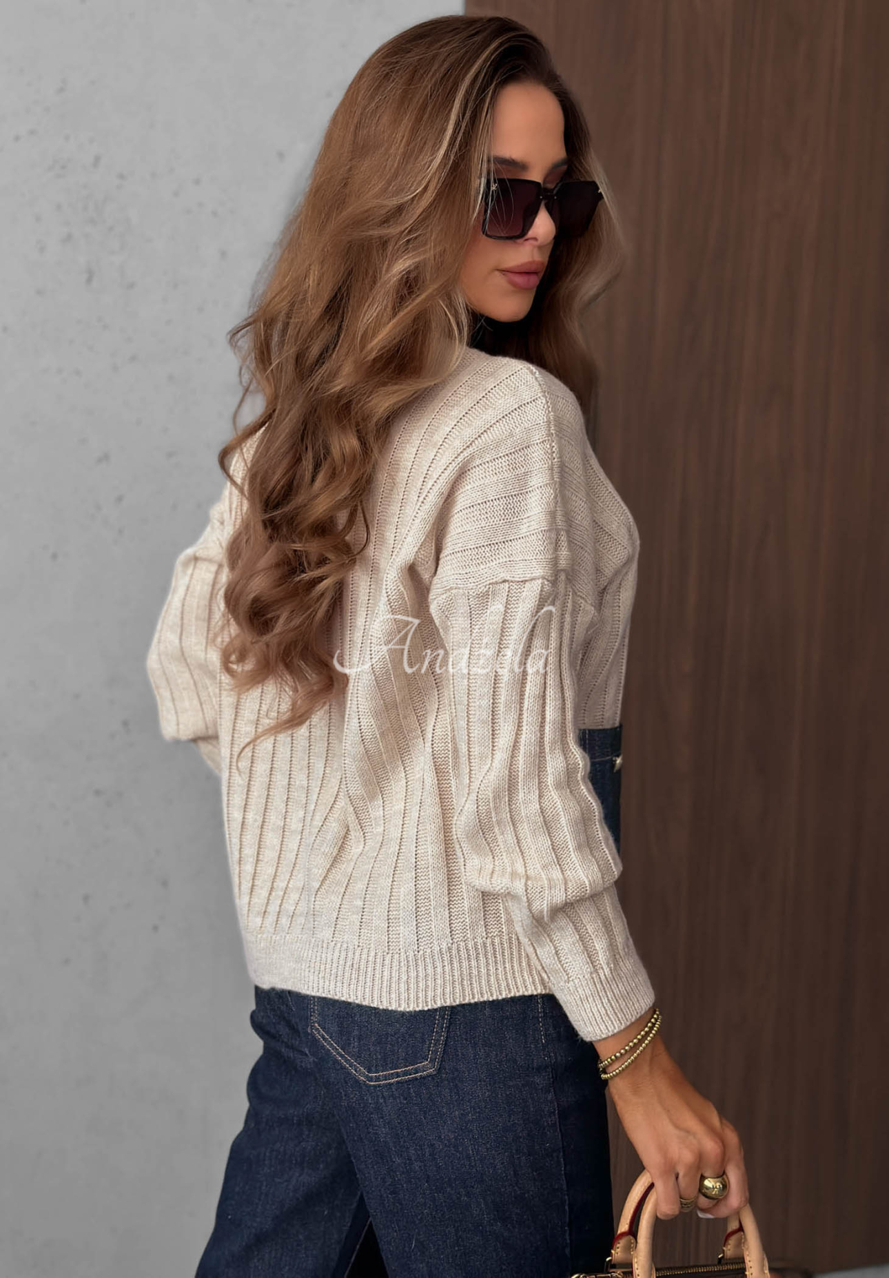 Gerippter Pullover mit Jeans-Taschen aus Wolle und Mohair Cozy Grace Beige