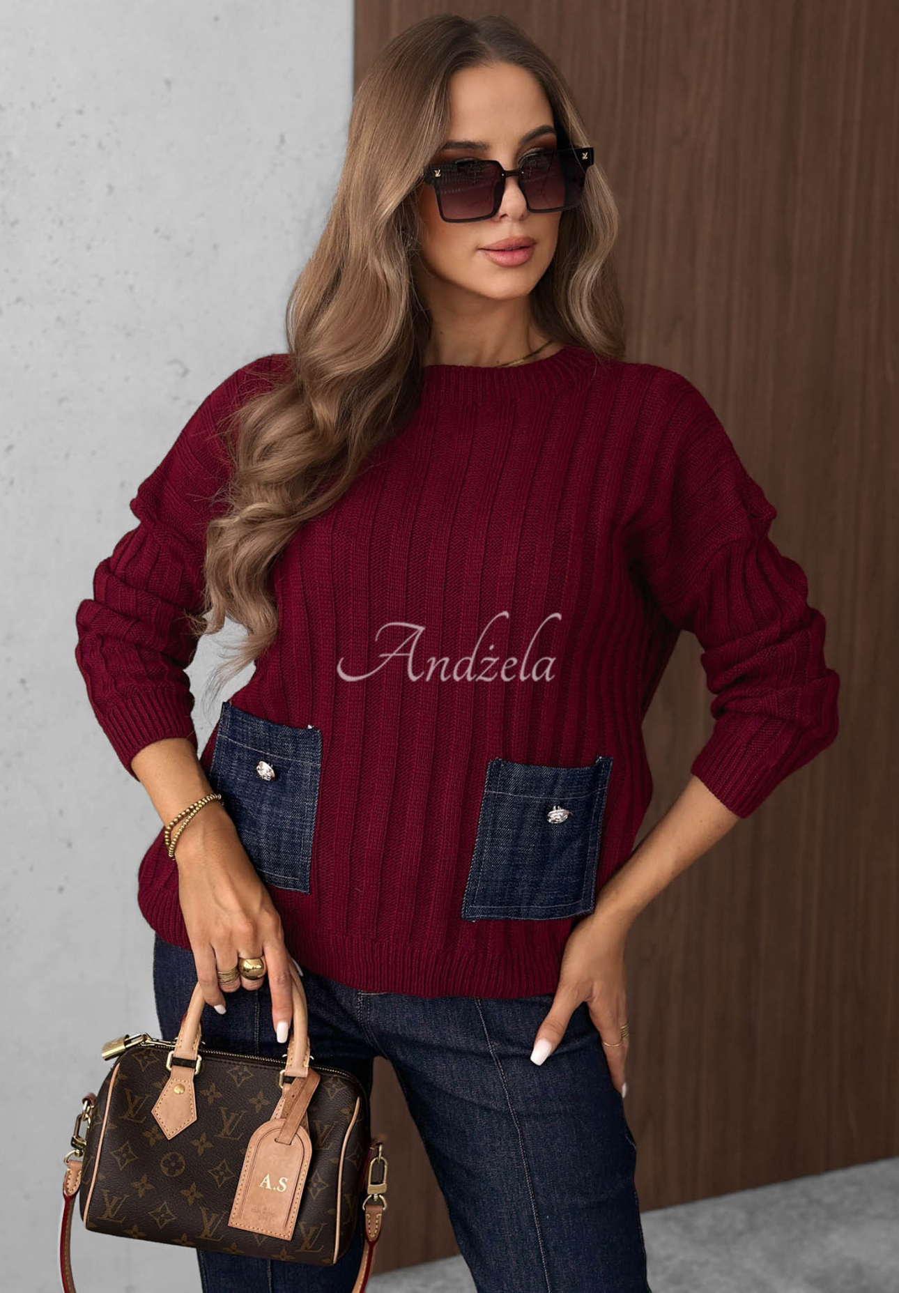 Gerippter Pullover mit Jeans-Taschen aus Wolle und Mohair Cozy Grace Burgunderrot