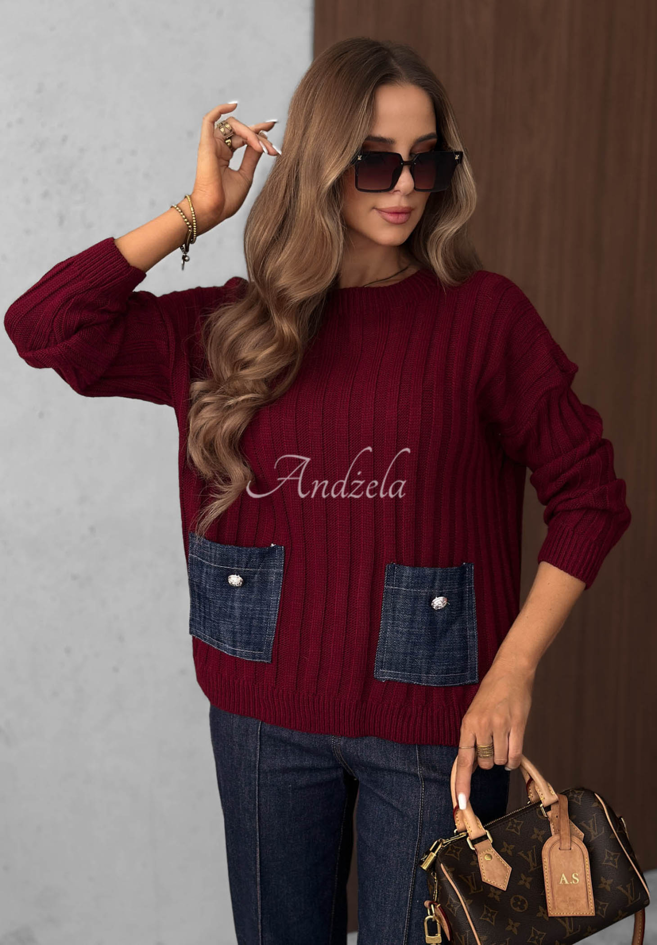 Gerippter Pullover mit Jeans-Taschen aus Wolle und Mohair Cozy Grace Burgunderrot