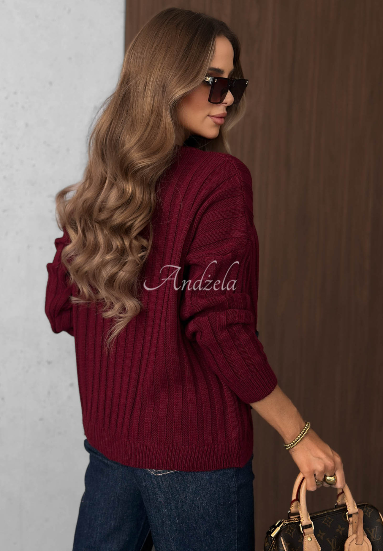 Gerippter Pullover mit Jeans-Taschen aus Wolle und Mohair Cozy Grace Burgunderrot