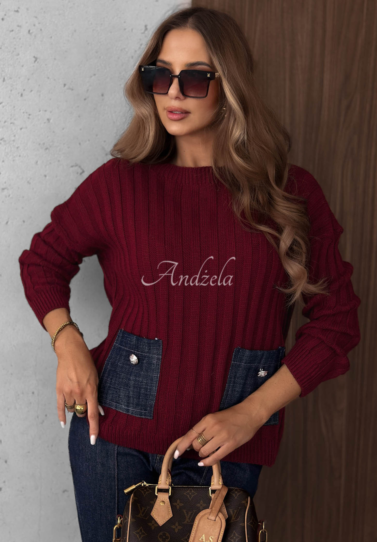 Gerippter Pullover mit Jeans-Taschen aus Wolle und Mohair Cozy Grace Burgunderrot