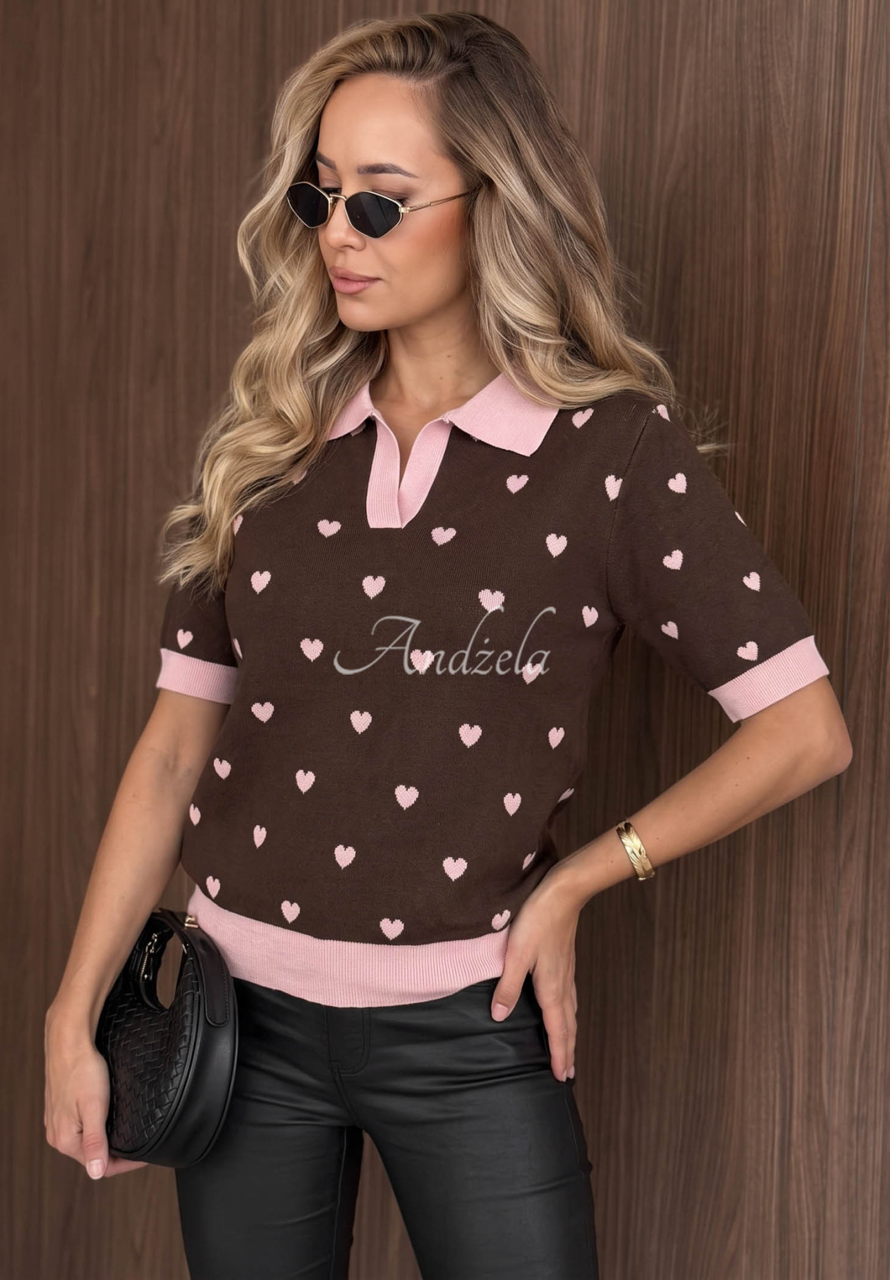 Viskose-Pullover mit Kragen mit Herzchenmuster Lovely Clouds Schokoladenbraun