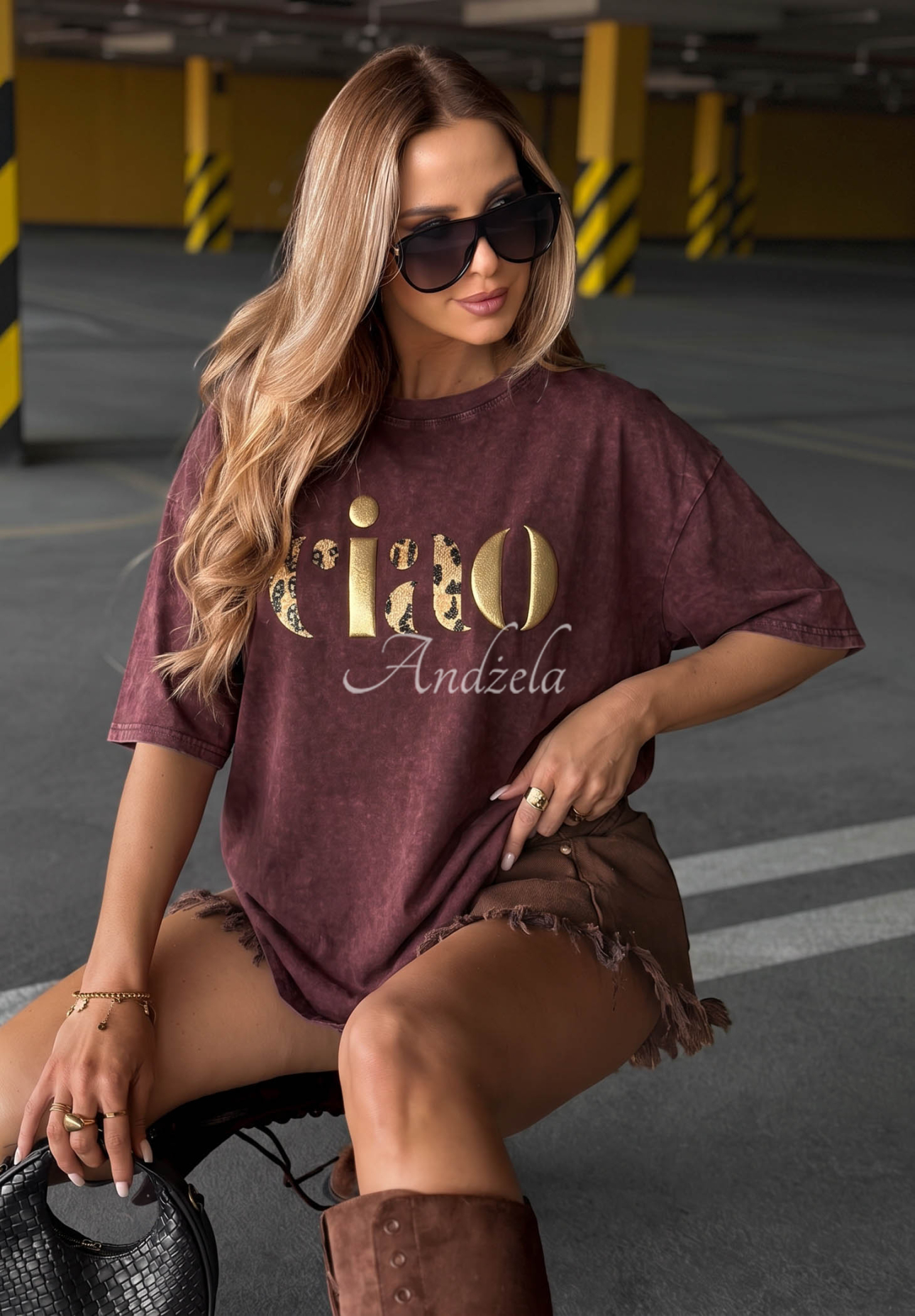 Baumwoll T-Shirt mit Aufdruck Golden Ciao Burgunderrot