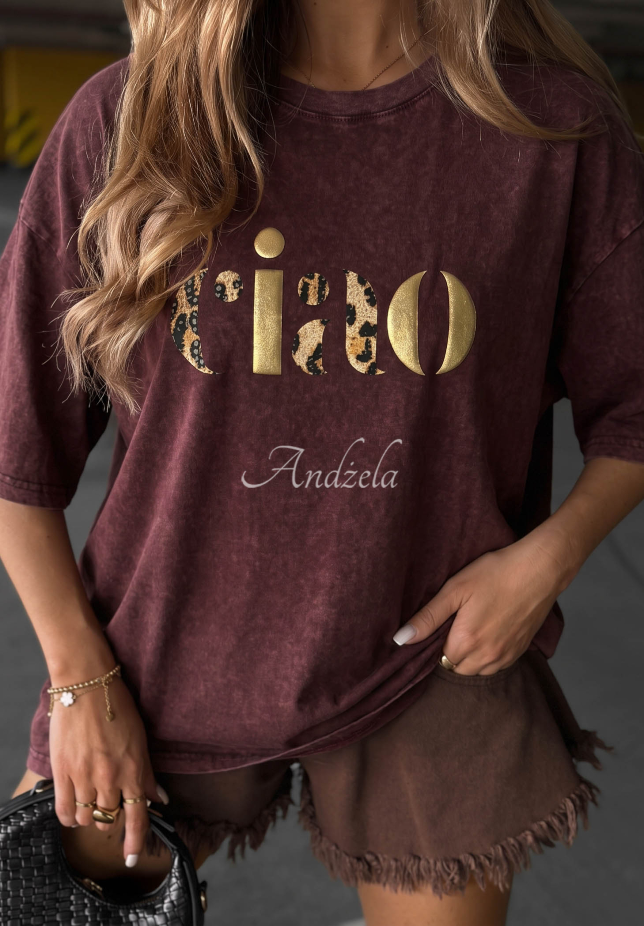 Baumwoll T-Shirt mit Aufdruck Golden Ciao Burgunderrot