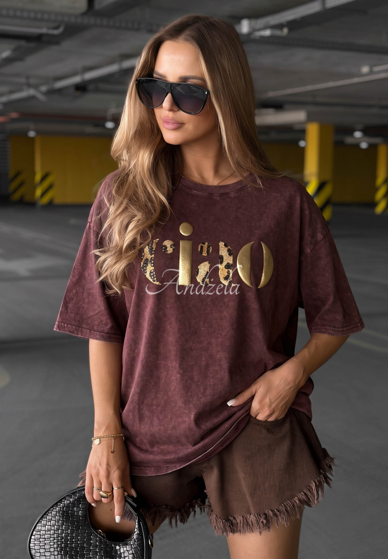 Baumwoll T-Shirt mit Aufdruck Golden Ciao Burgunderrot