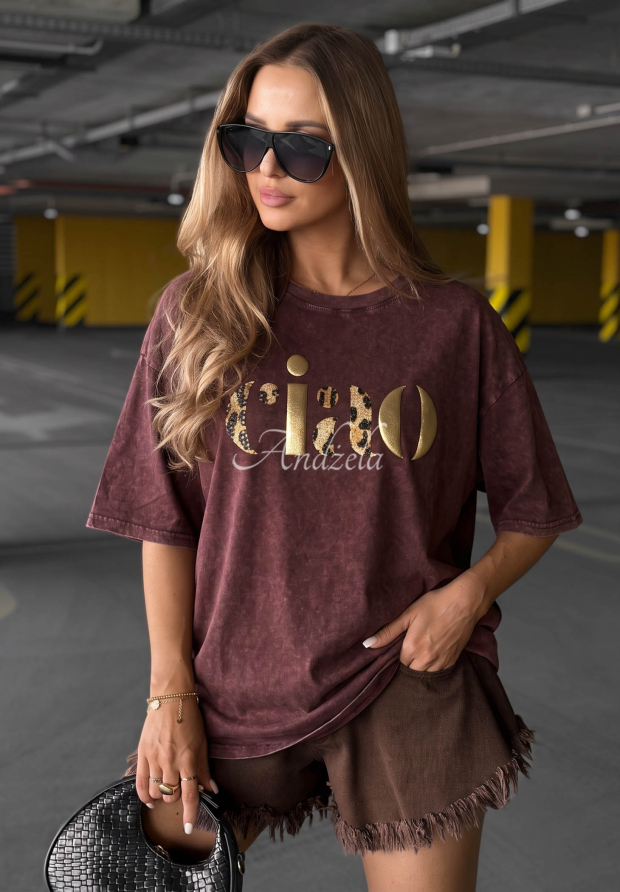 Baumwoll T-Shirt mit Aufdruck Golden Ciao Burgunderrot
