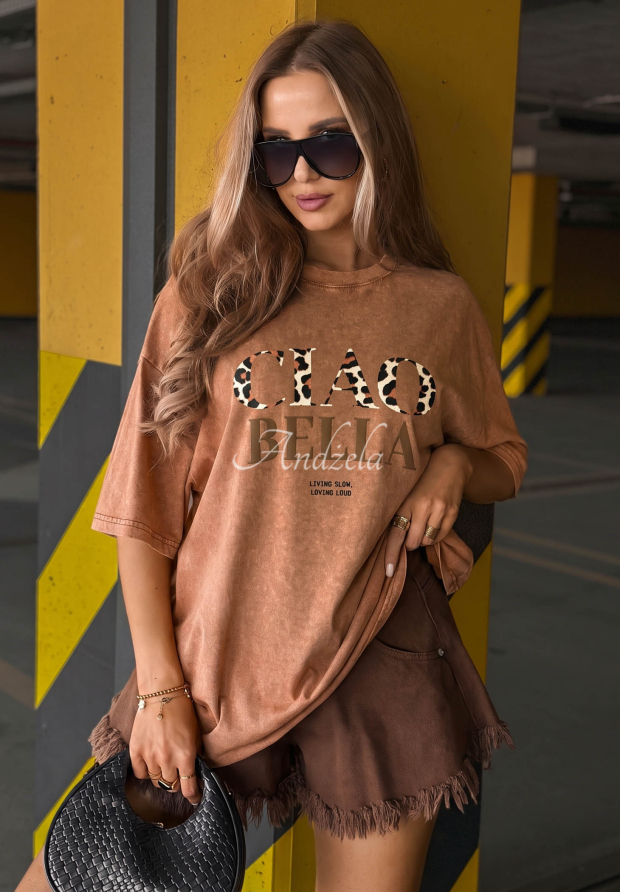 Baumwoll T-Shirt mit Aufdruck Ciao Beli Camel