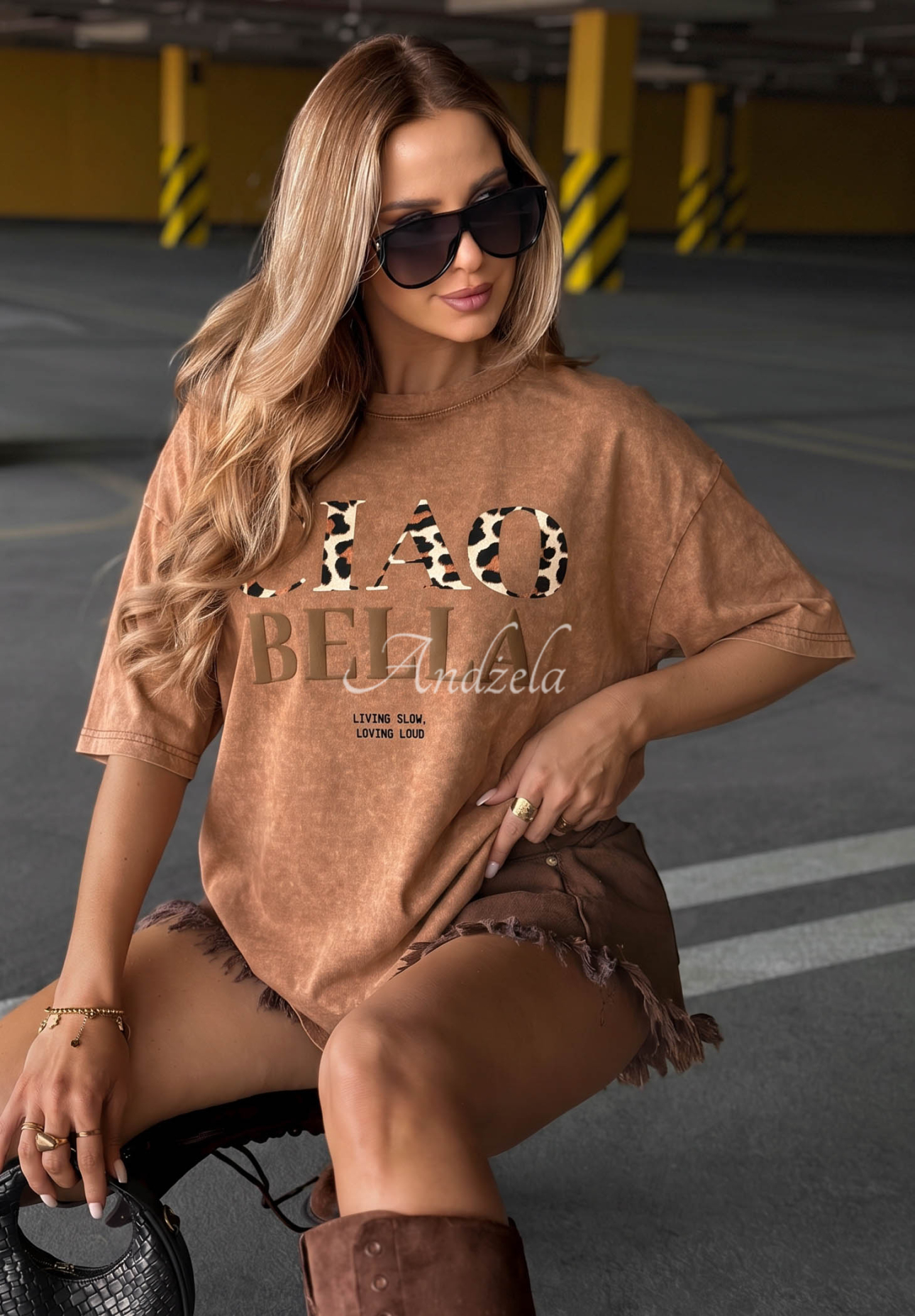 Baumwoll T-Shirt mit Aufdruck Ciao Beli Camel