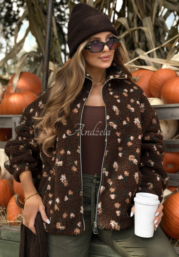 Jacke aus Lammfellimitat mit Stehkragen und Blumenmuster Comfy Bloom Schokoladenbraun