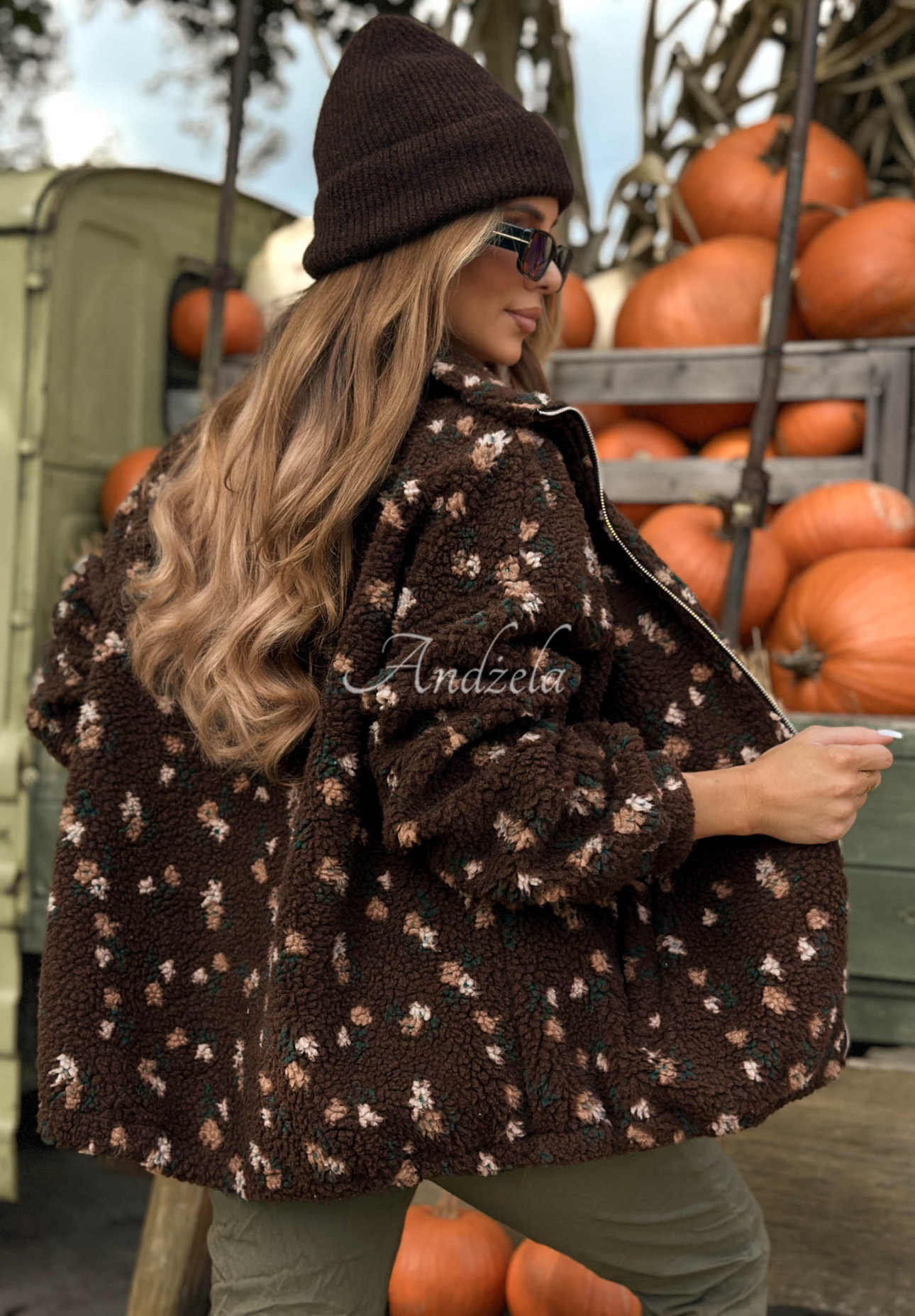 Jacke aus Lammfellimitat mit Stehkragen und Blumenmuster Comfy Bloom Schokoladenbraun