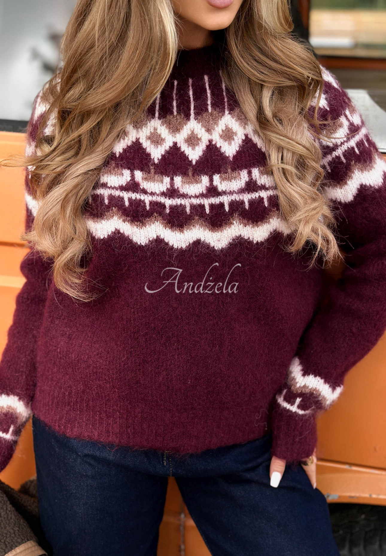 Gemusterter Pullover mit Wollanteil Half Sweet Beerenfarben