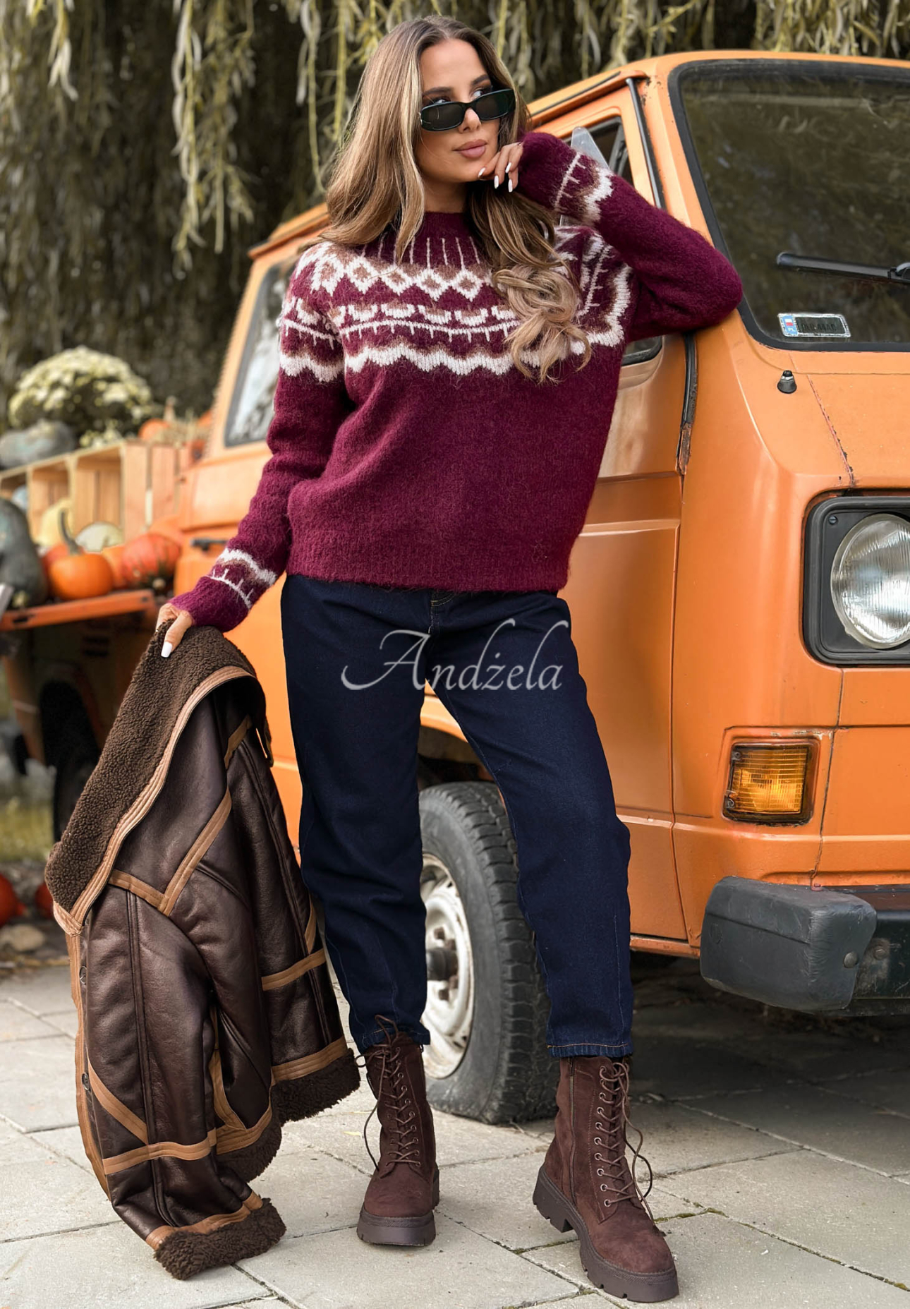 Gemusterter Pullover mit Wollanteil Half Sweet Beerenfarben