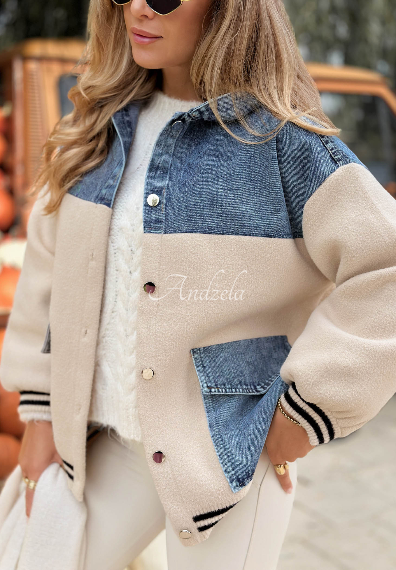 Baseball-Sweatshirt mit Denim-Elementen Cloudy Trails Ecru
