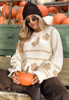 Viskosepullover mit gestickten Blumen Misty Fleur hellbeige