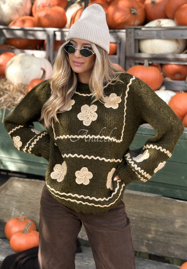 Viskosepullover mit gestickten Blumen Misty Fleur Khaki
