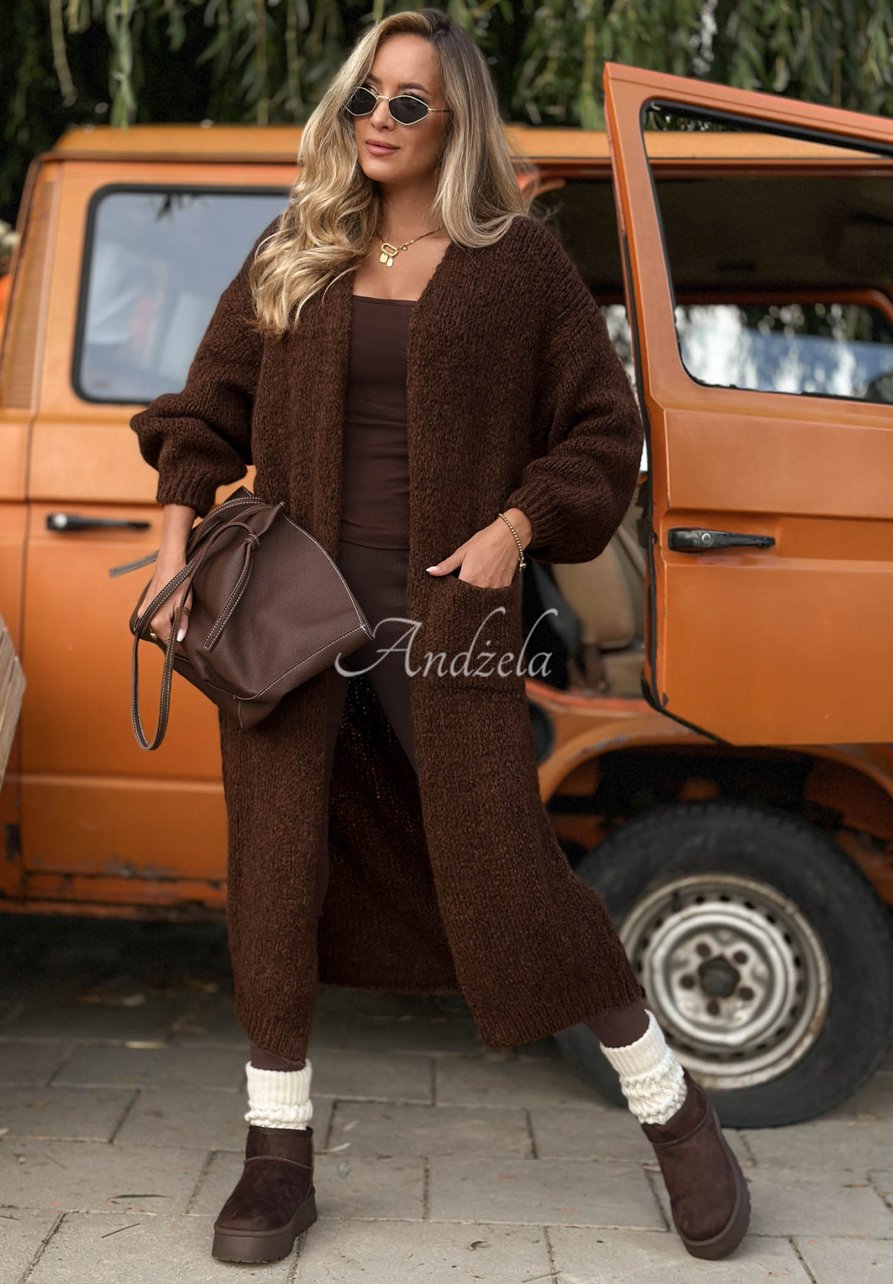 Langer Oversize-Cardigan mit Taschen, Wolle und Viskose November Walk Schokoladenbraun