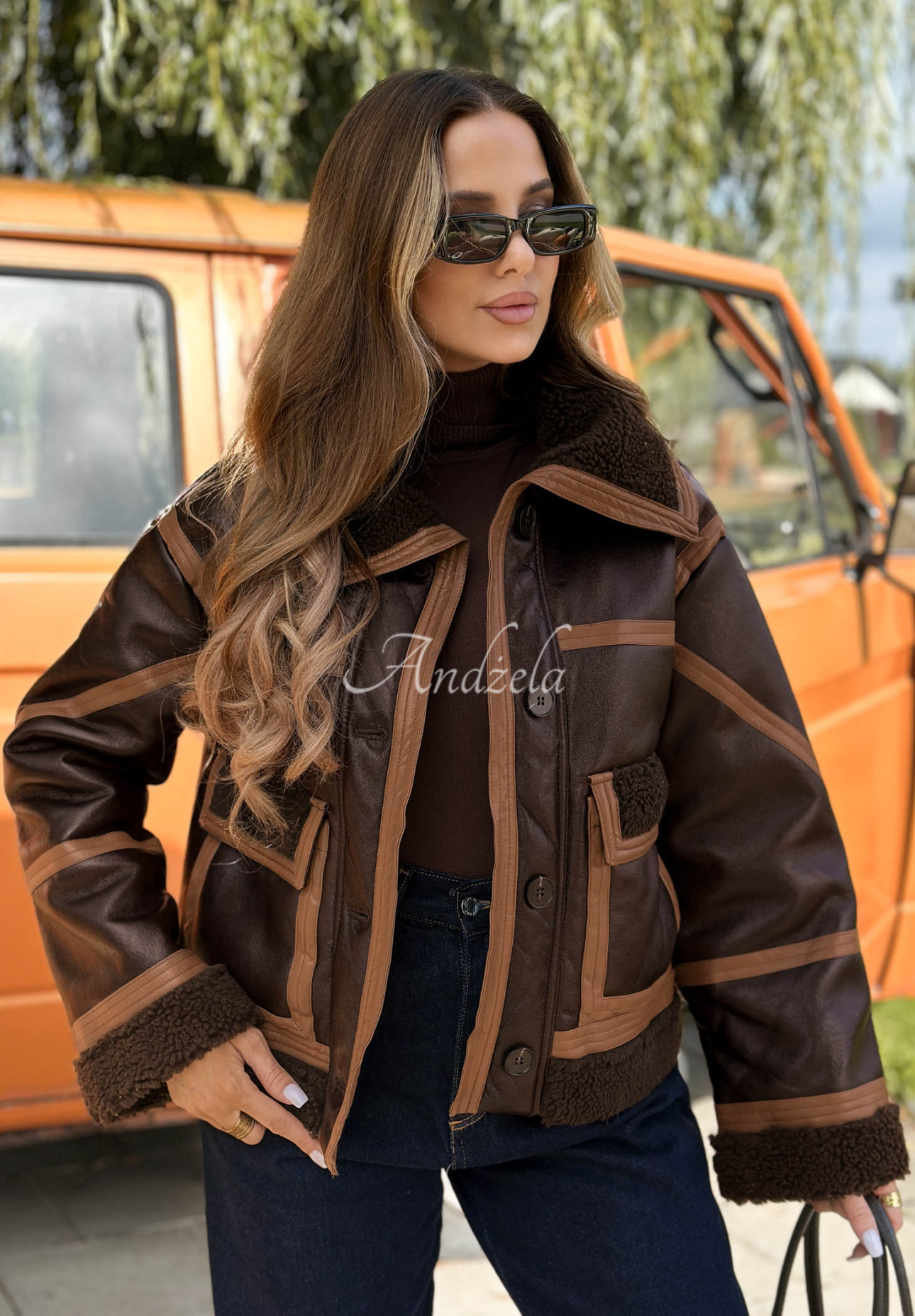 Kurze Lederjacke mit Lammfellimitat Chestnut Love Schokoladenbraun