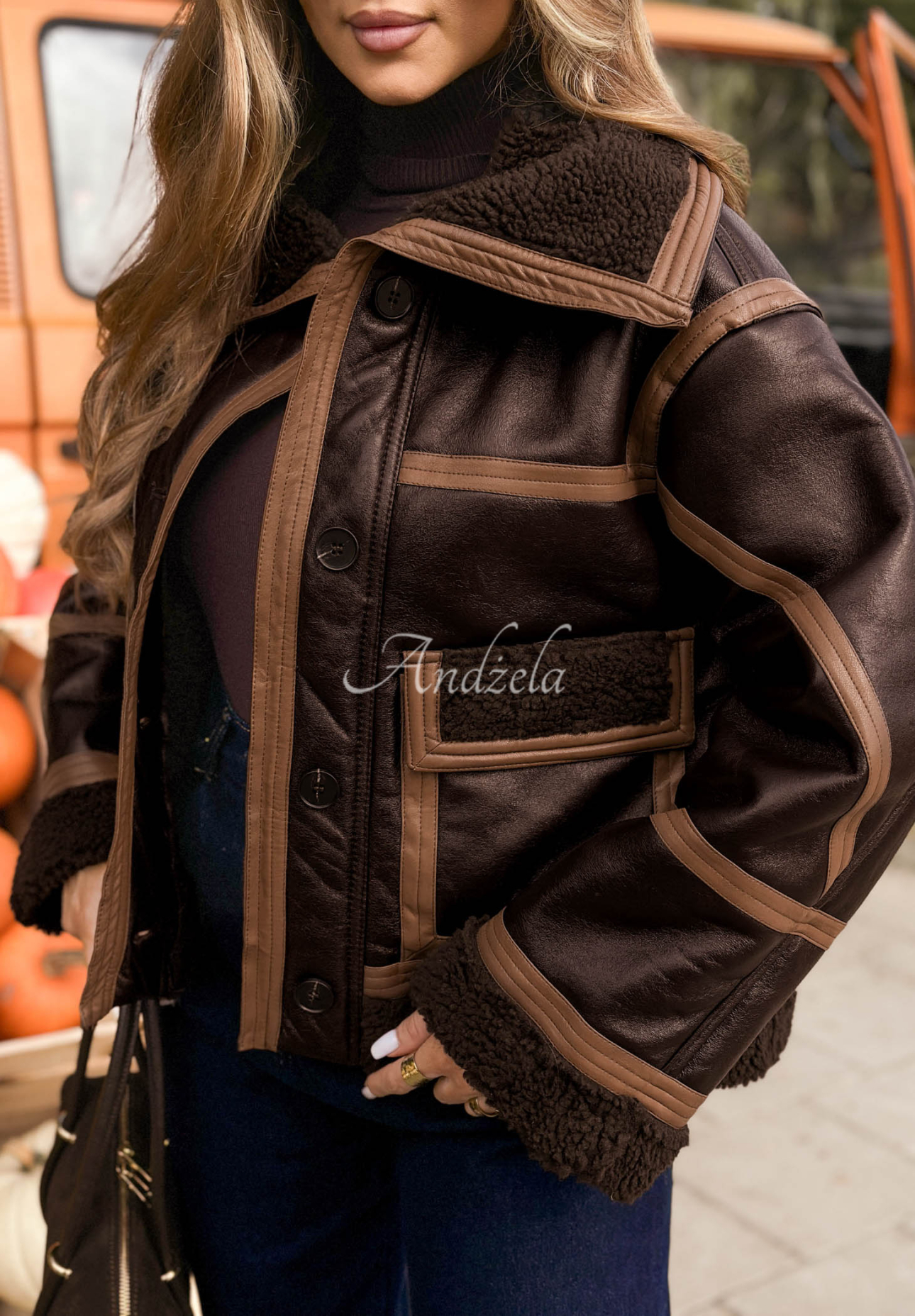 Kurze Lederjacke mit Lammfellimitat Chestnut Love Schokoladenbraun