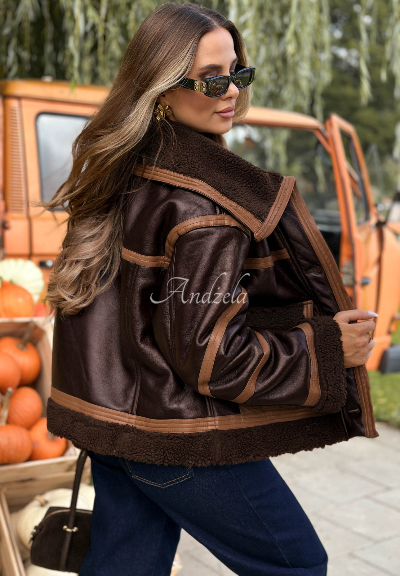 Kurze Lederjacke mit Lammfellimitat Chestnut Love Schokoladenbraun