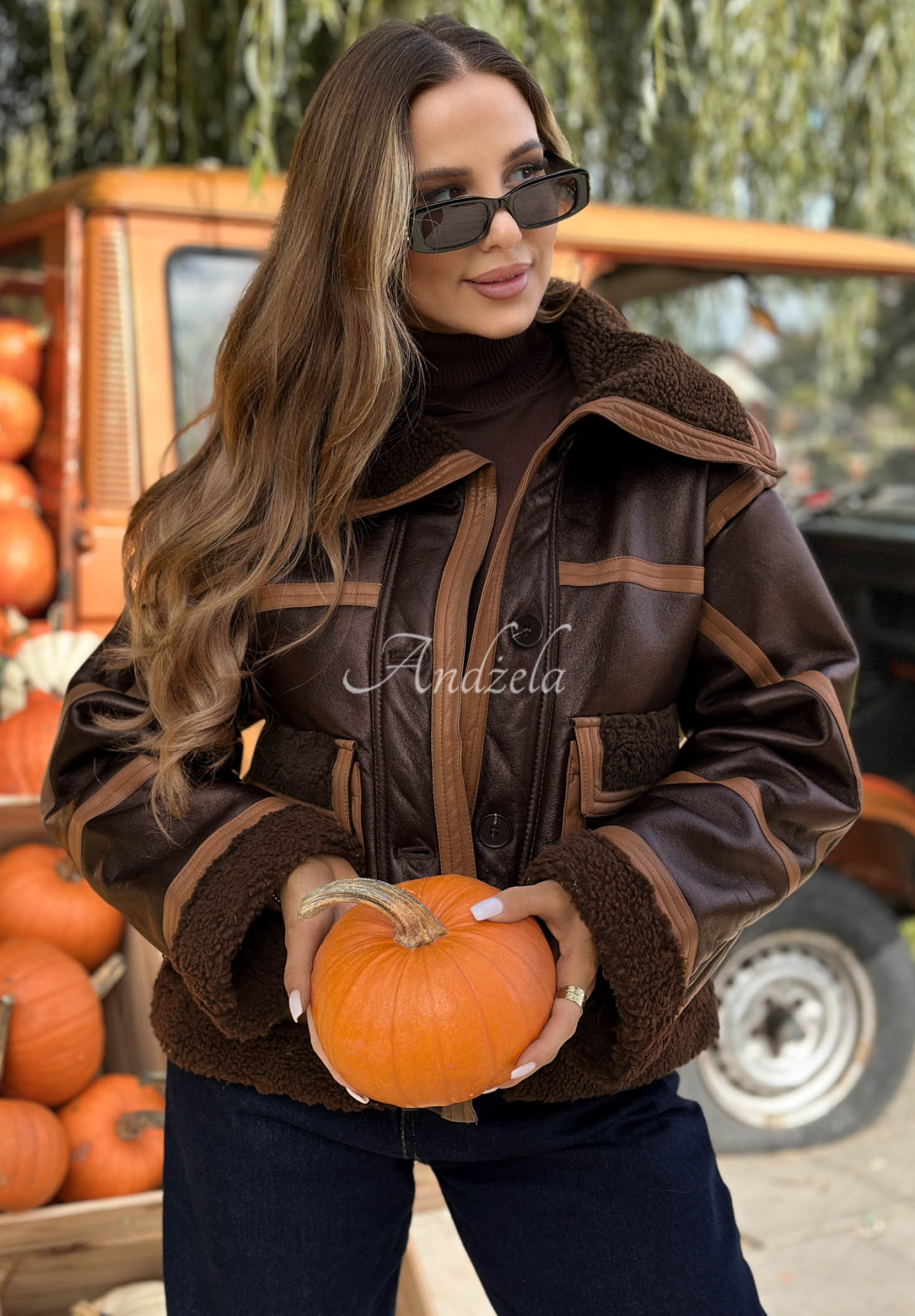 Kurze Lederjacke mit Lammfellimitat Chestnut Love Schokoladenbraun