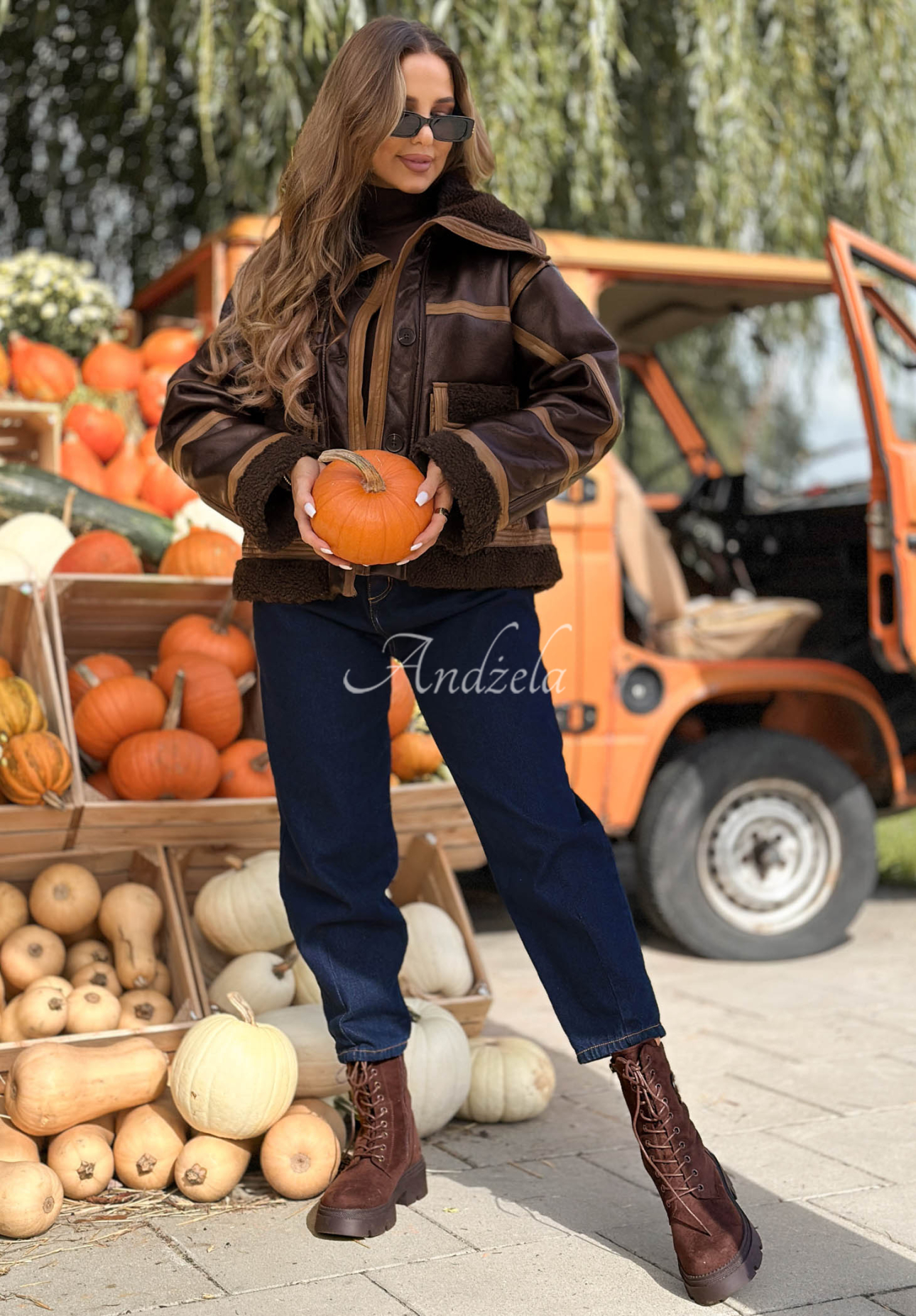 Kurze Lederjacke mit Lammfellimitat Chestnut Love Schokoladenbraun