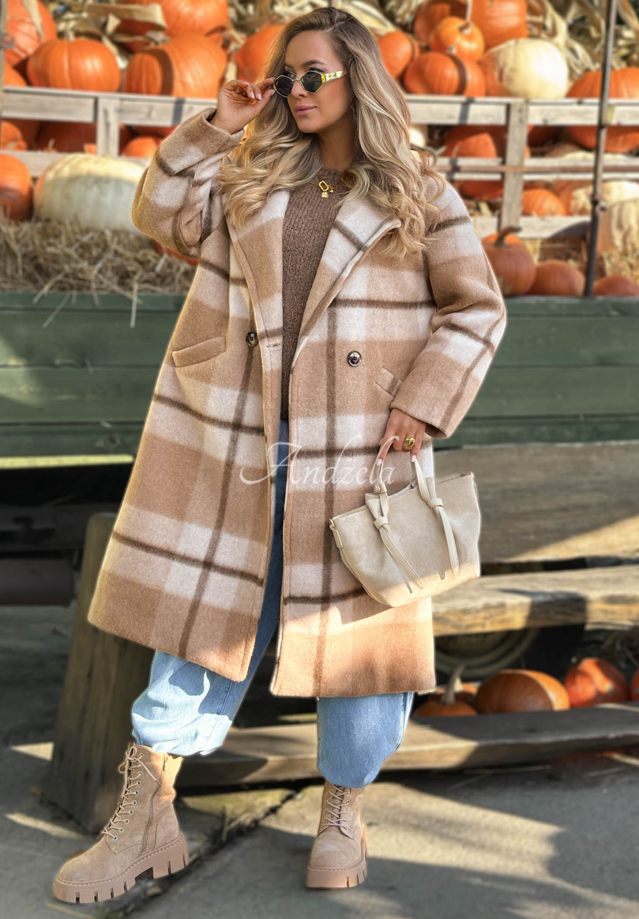 Langer Oversize-Mantel, kariert, mit Wollanteil Cloudy Daydream Camel