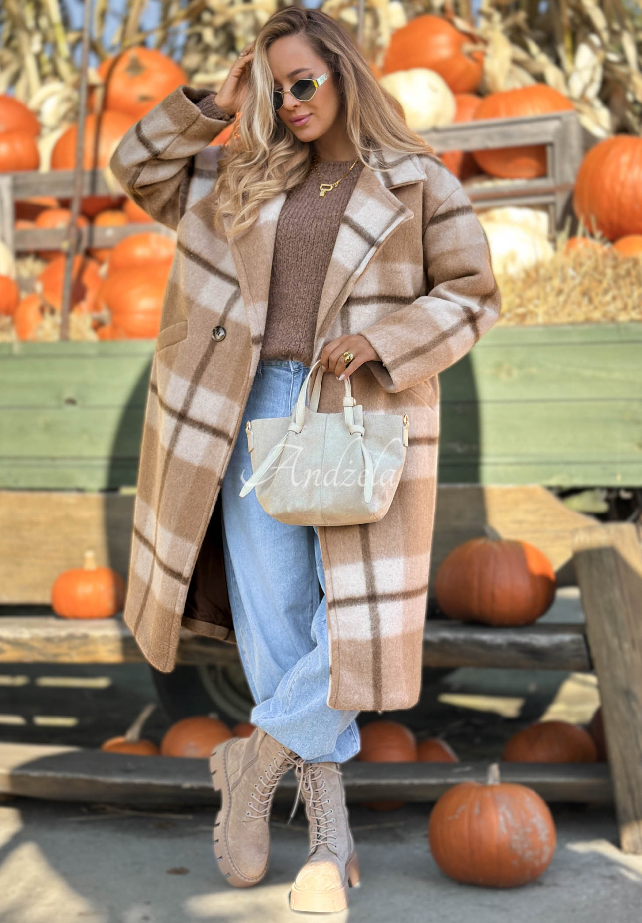 Langer Oversize-Mantel, kariert, mit Wollanteil Cloudy Daydream Camel
