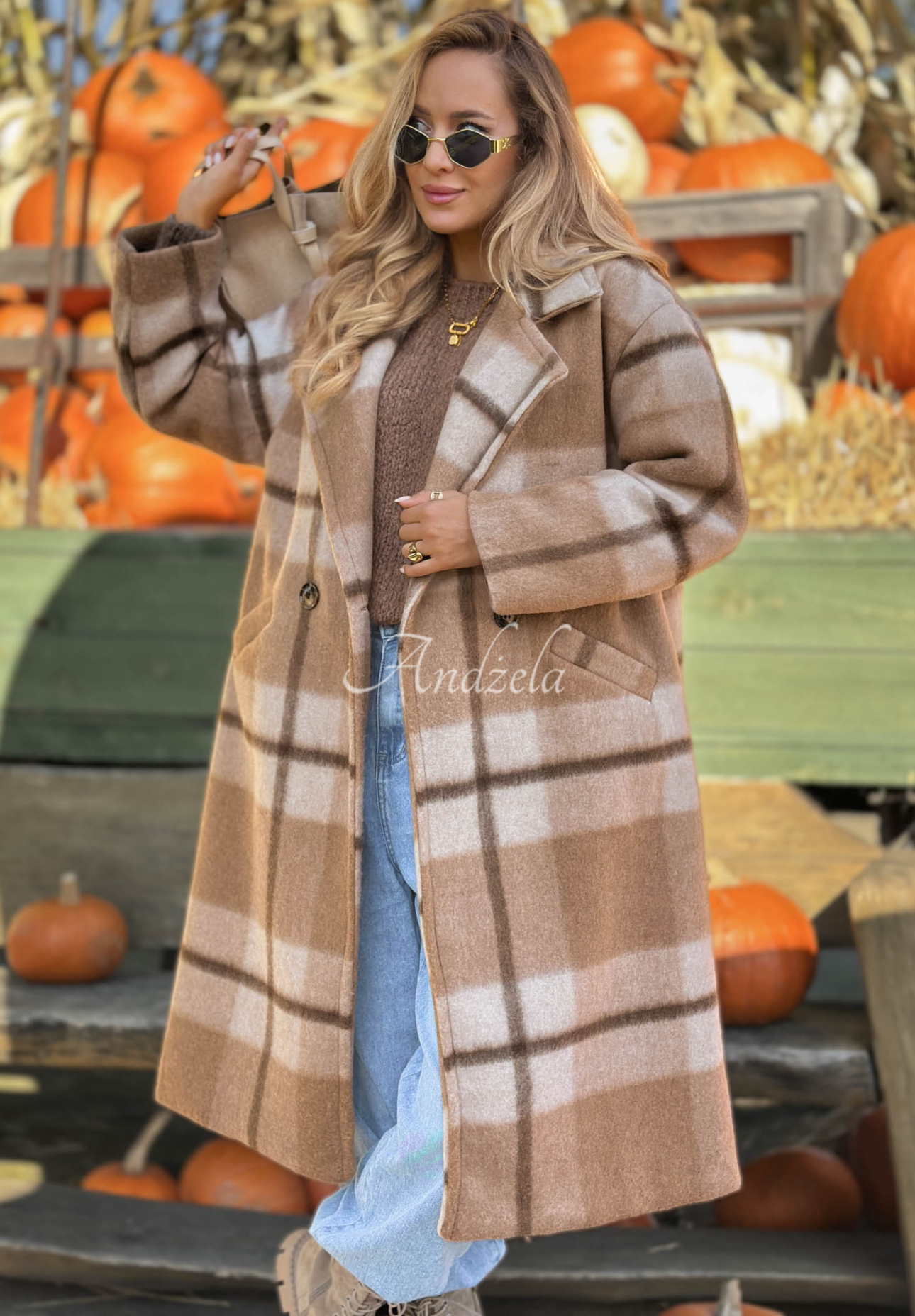 Langer Oversize-Mantel, kariert, mit Wollanteil Cloudy Daydream Camel