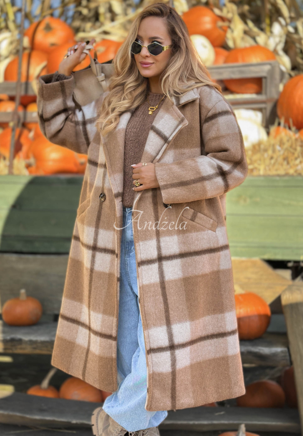 Langer Oversize-Mantel, kariert, mit Wollanteil Cloudy Daydream Camel