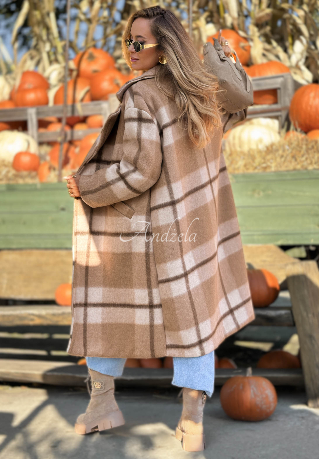 Langer Oversize-Mantel, kariert, mit Wollanteil Cloudy Daydream Camel