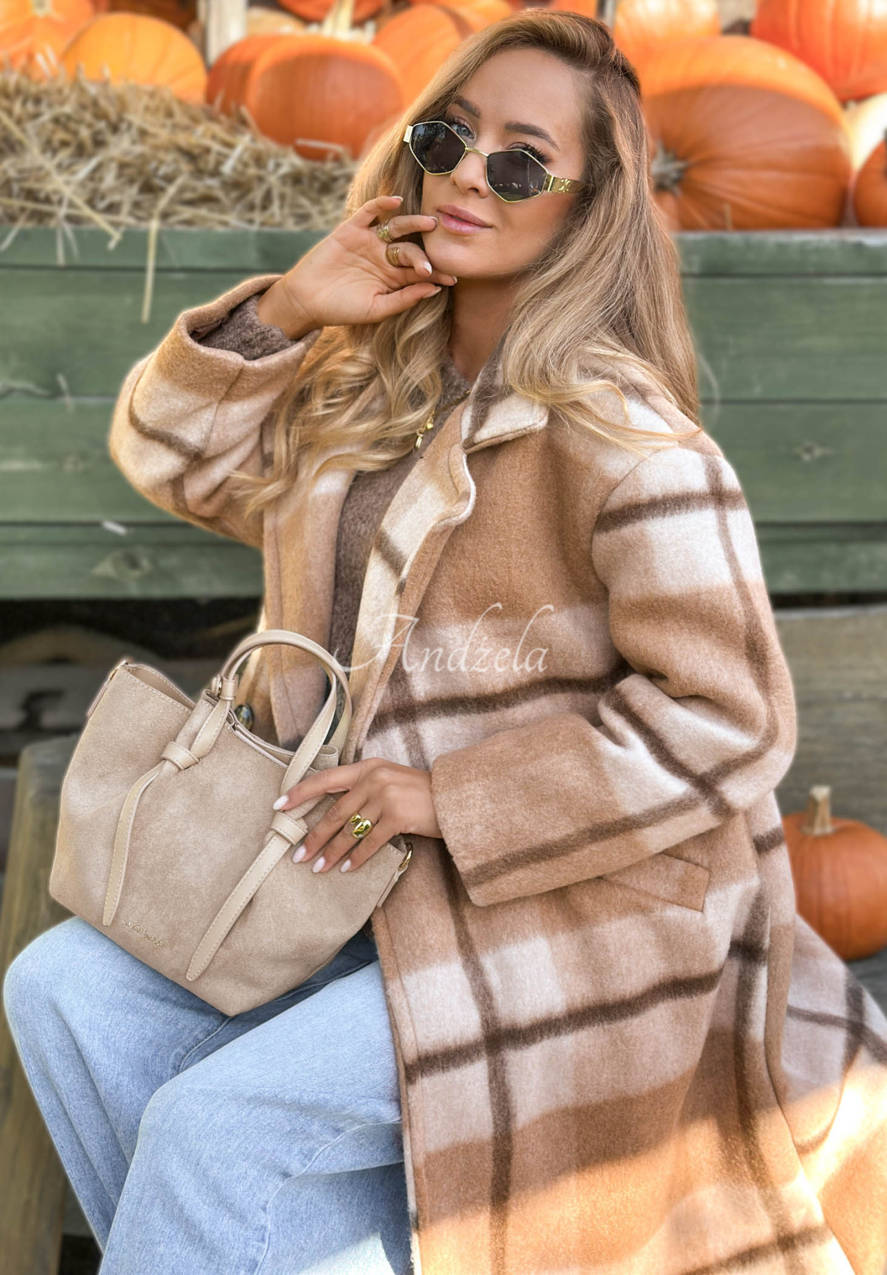 Langer Oversize-Mantel, kariert, mit Wollanteil Cloudy Daydream Camel