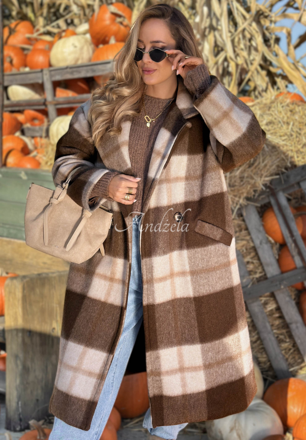 Langer Oversize-Mantel, kariert, mit Wollanteil Cloudy Daydream Schokoladenbraun