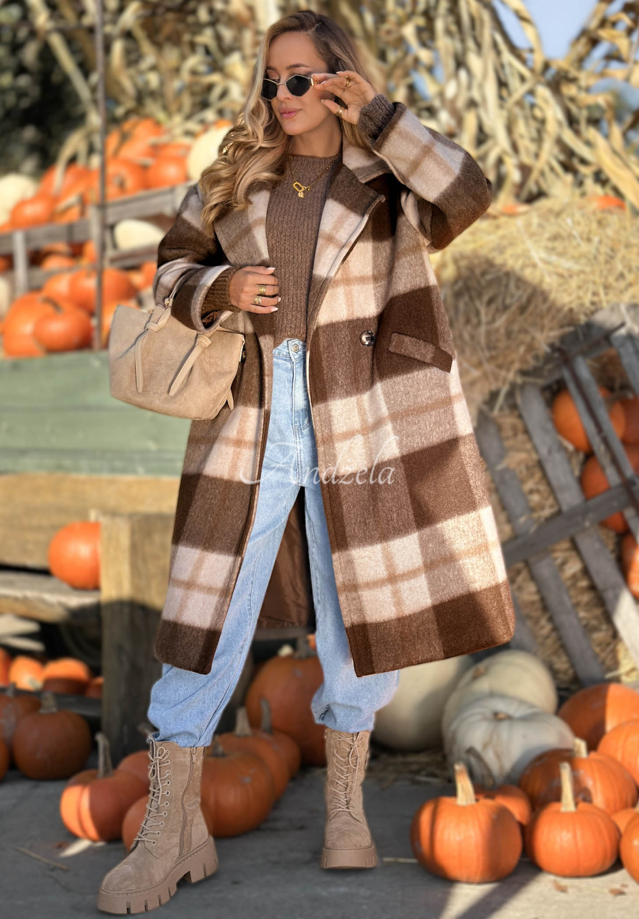 Langer Oversize-Mantel, kariert, mit Wollanteil Cloudy Daydream Schokoladenbraun