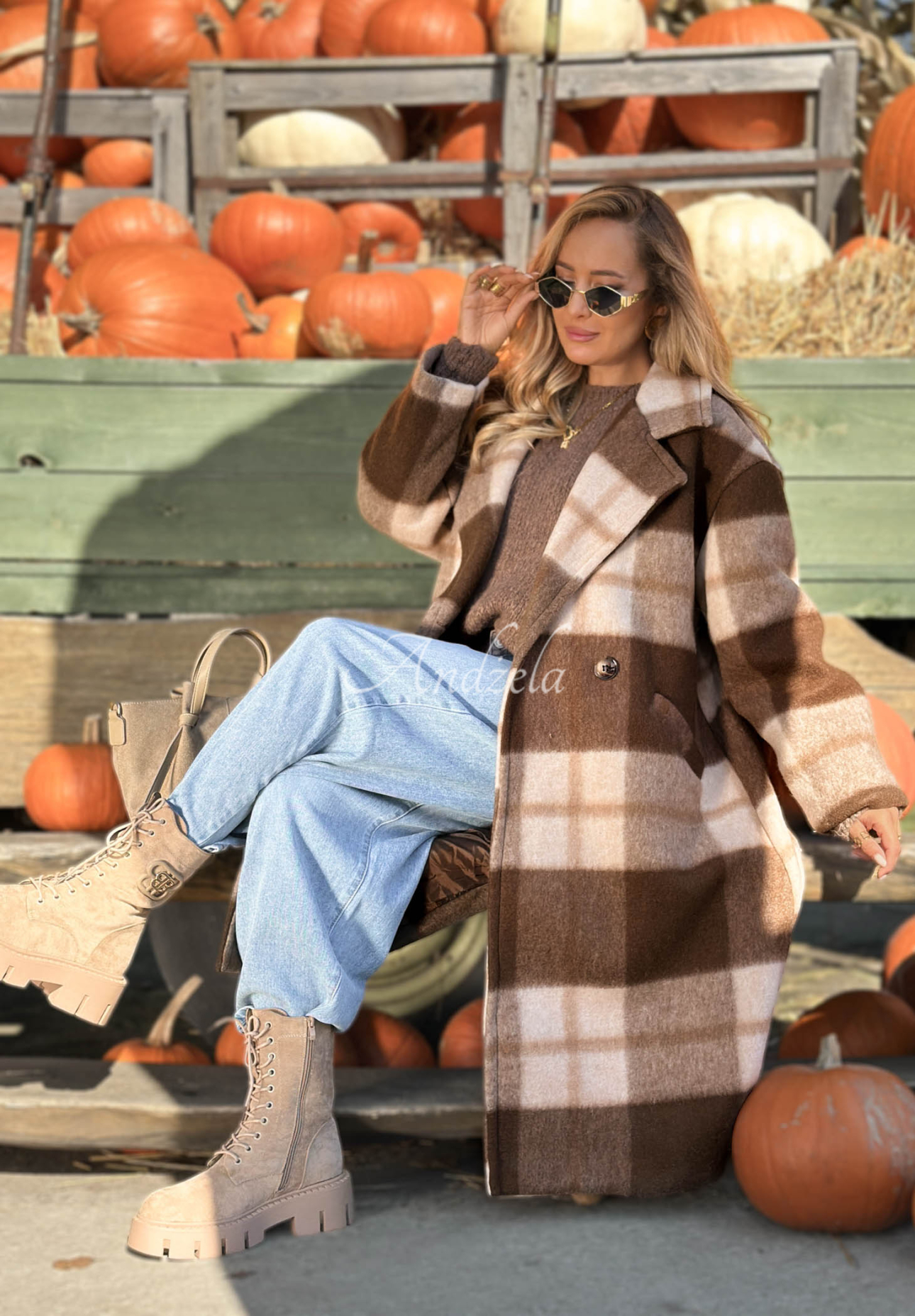 Langer Oversize-Mantel, kariert, mit Wollanteil Cloudy Daydream Schokoladenbraun