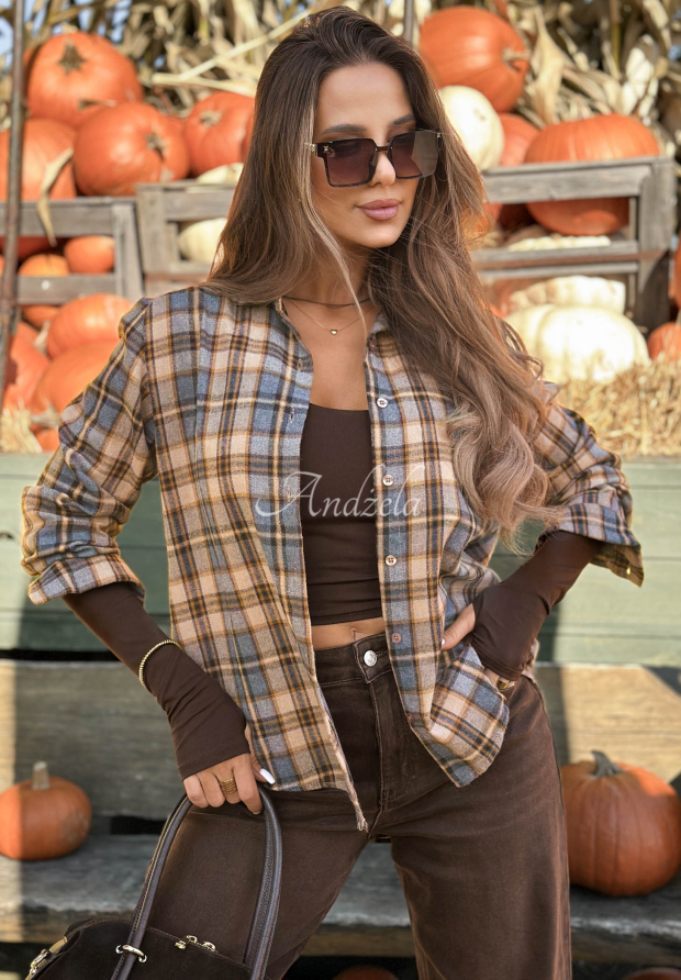 Asymmetrisch kariertes Hemd Fallen Leaves camel-grau