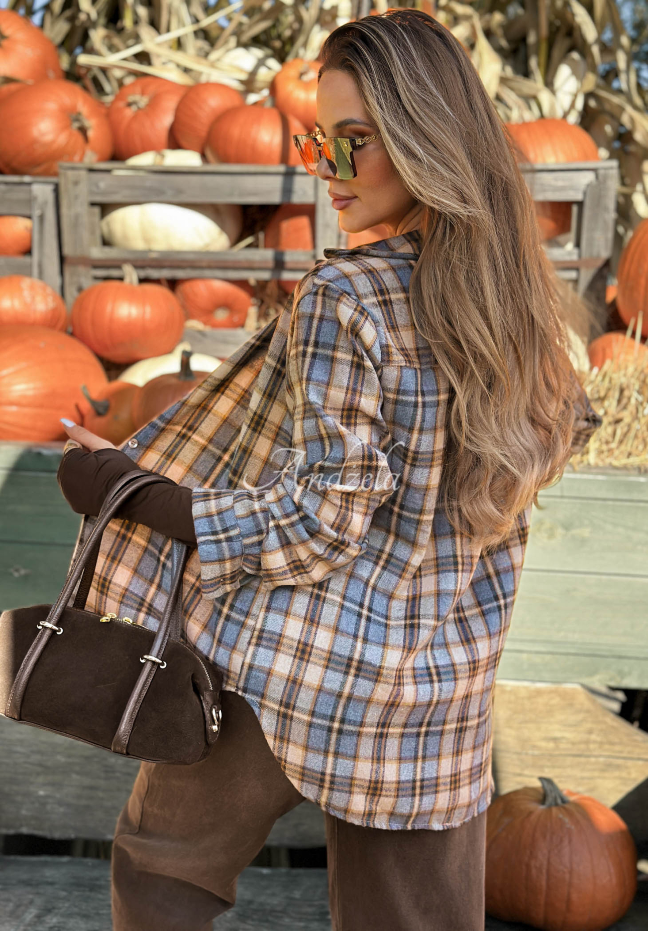 Asymmetrisch kariertes Hemd Fallen Leaves camel-grau