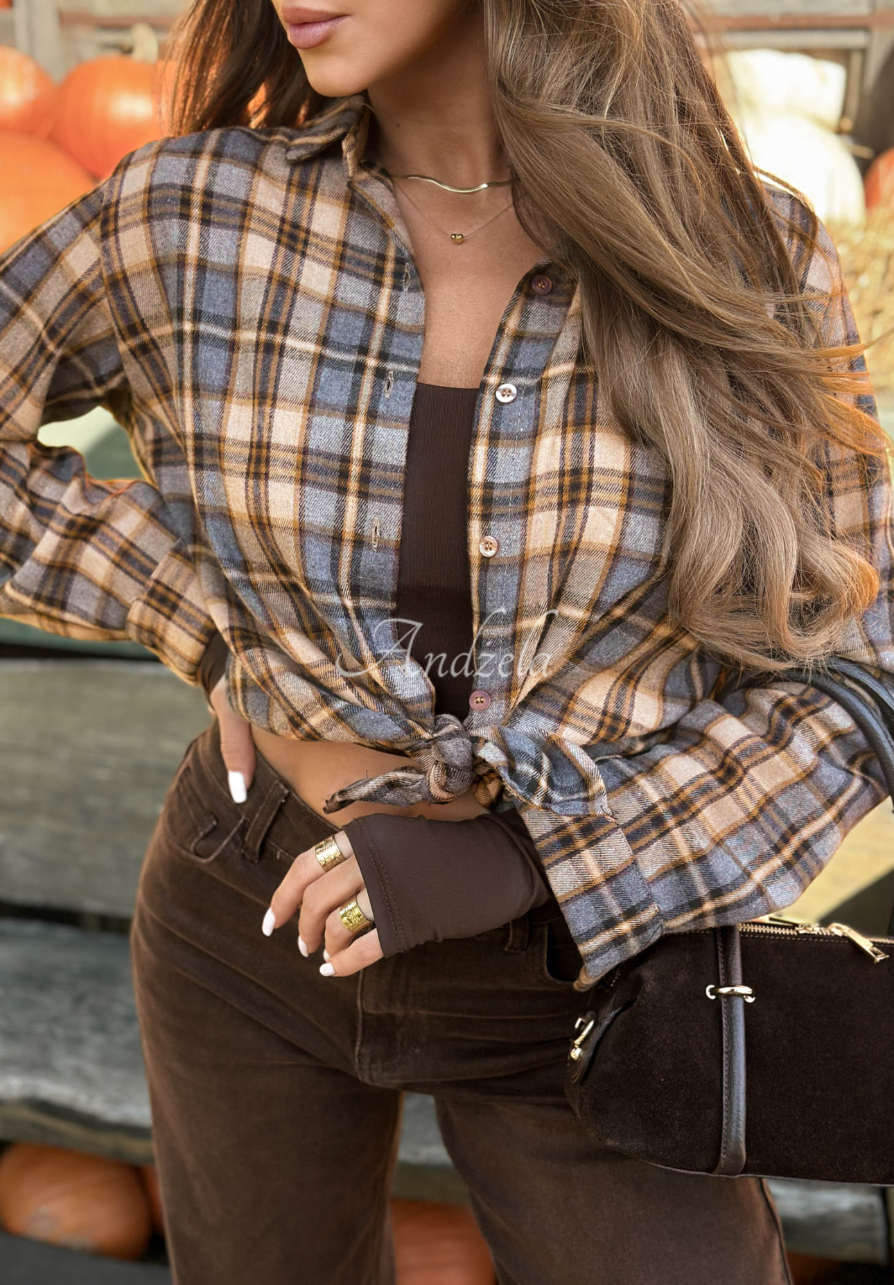 Asymmetrisch kariertes Hemd Fallen Leaves camel-grau