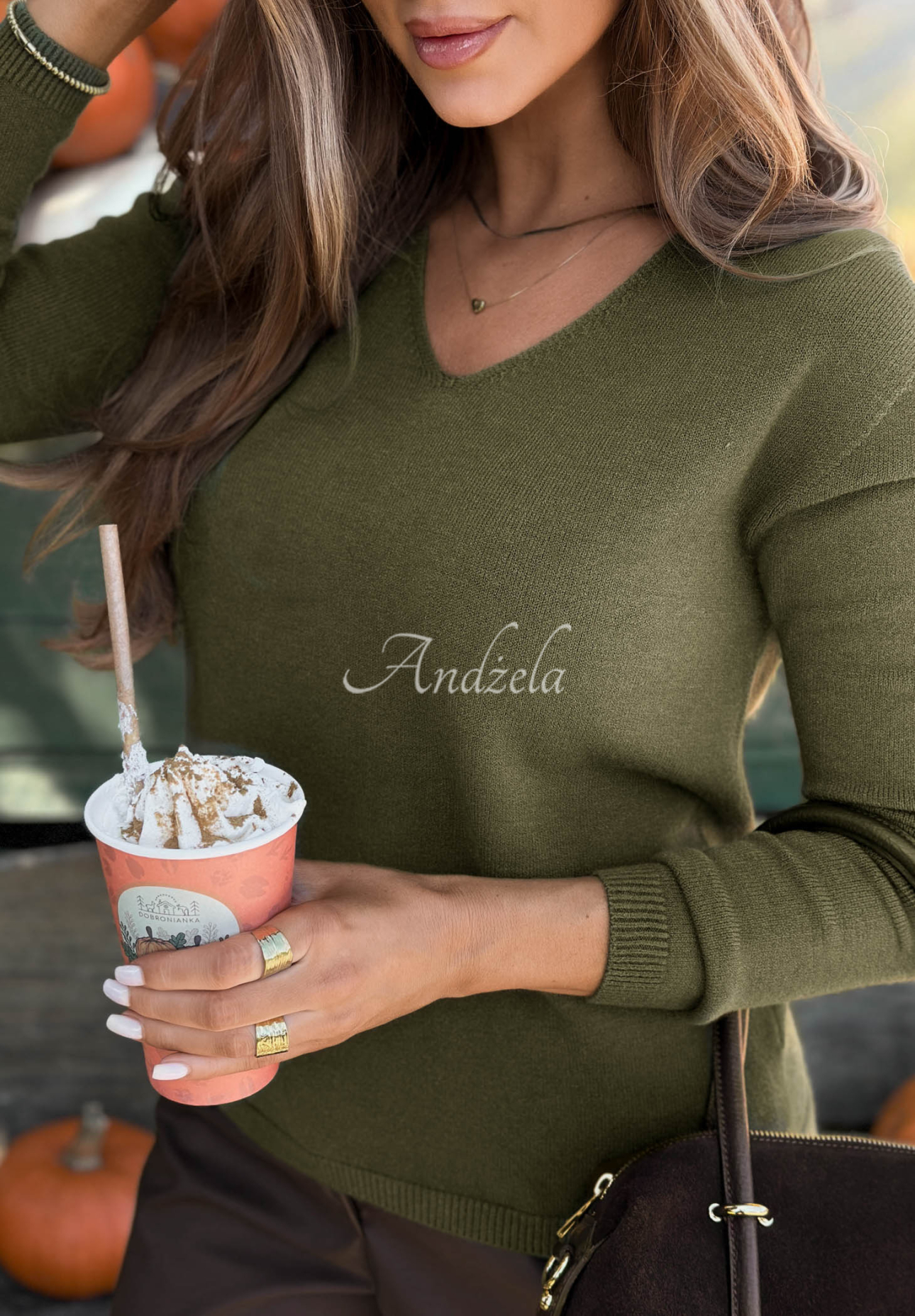 Oversize-Pullover aus Viskose mit V-Ausschnitt Modern Soul Khaki