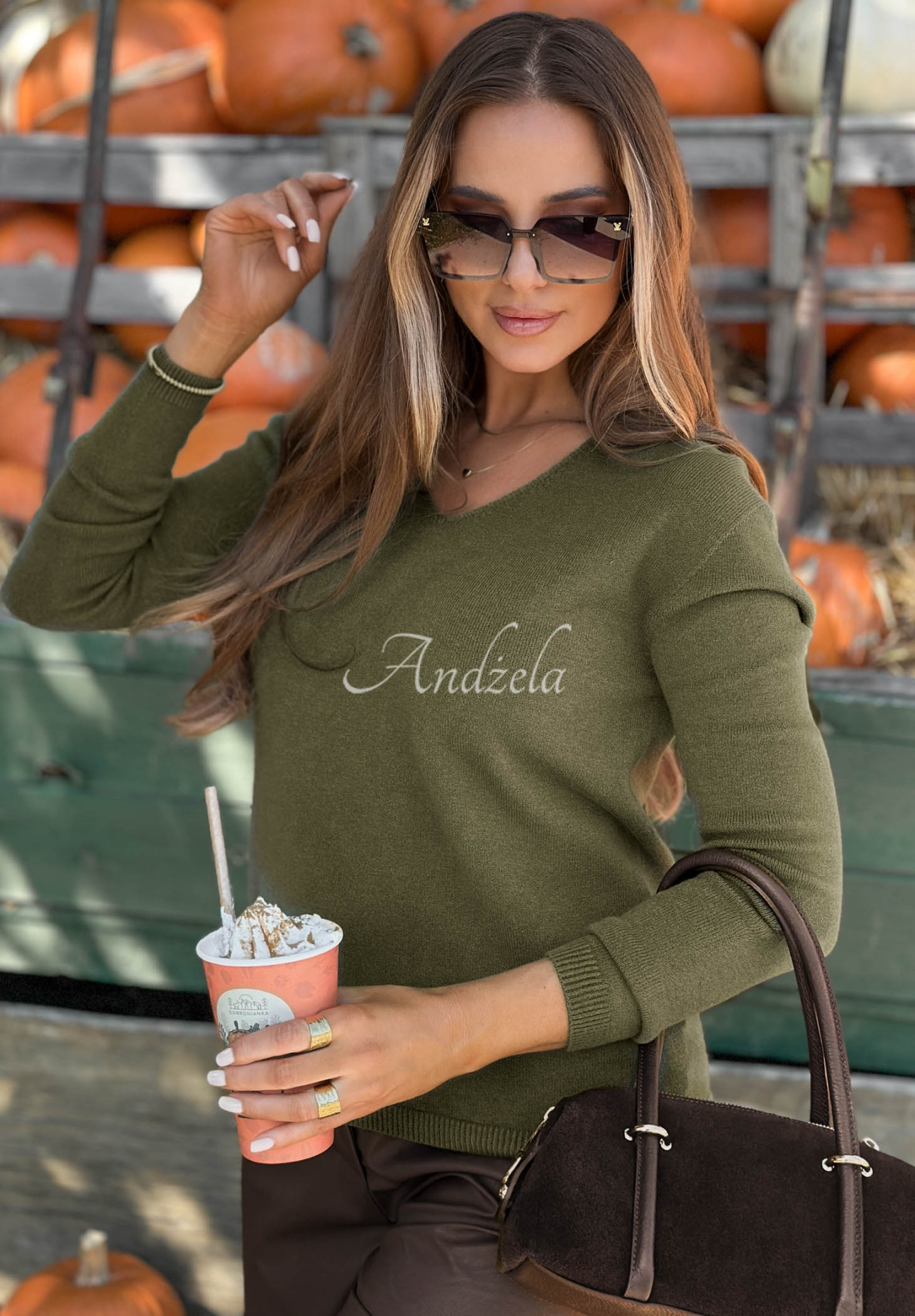Oversize-Pullover aus Viskose mit V-Ausschnitt Modern Soul Khaki