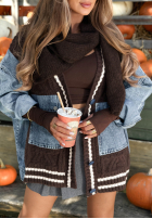 Ozdobnie pleciony Pullover Cardigan z jeansowymi elementami Morning Streets Ecru