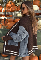 Ozdobnie pleciony Pullover Cardigan z jeansowymi elementami Morning Streets Ecru