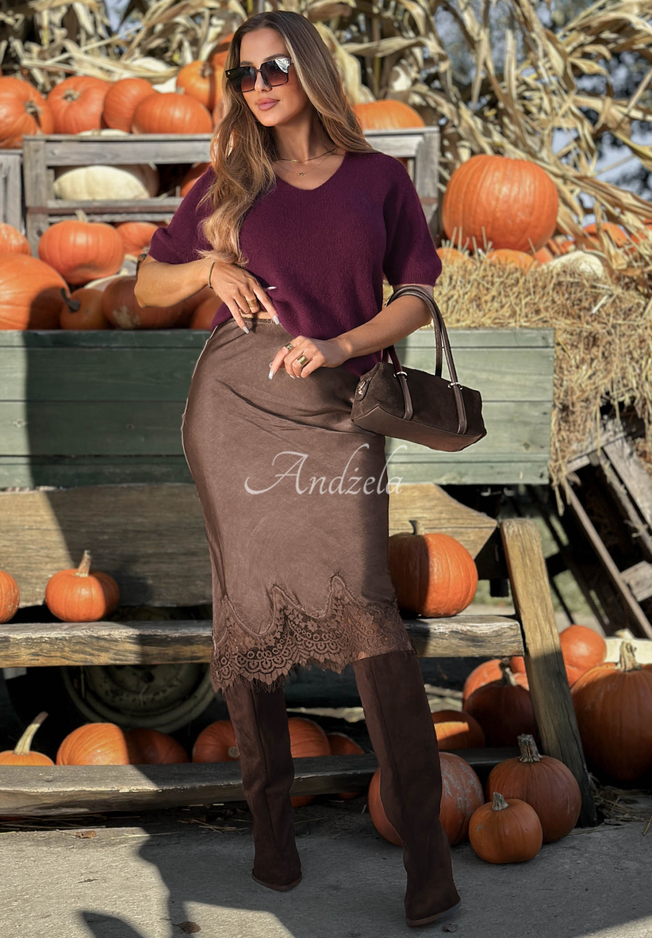Viskose-Satinrock mit Spitze Subtle Lace Schokoladenbraun