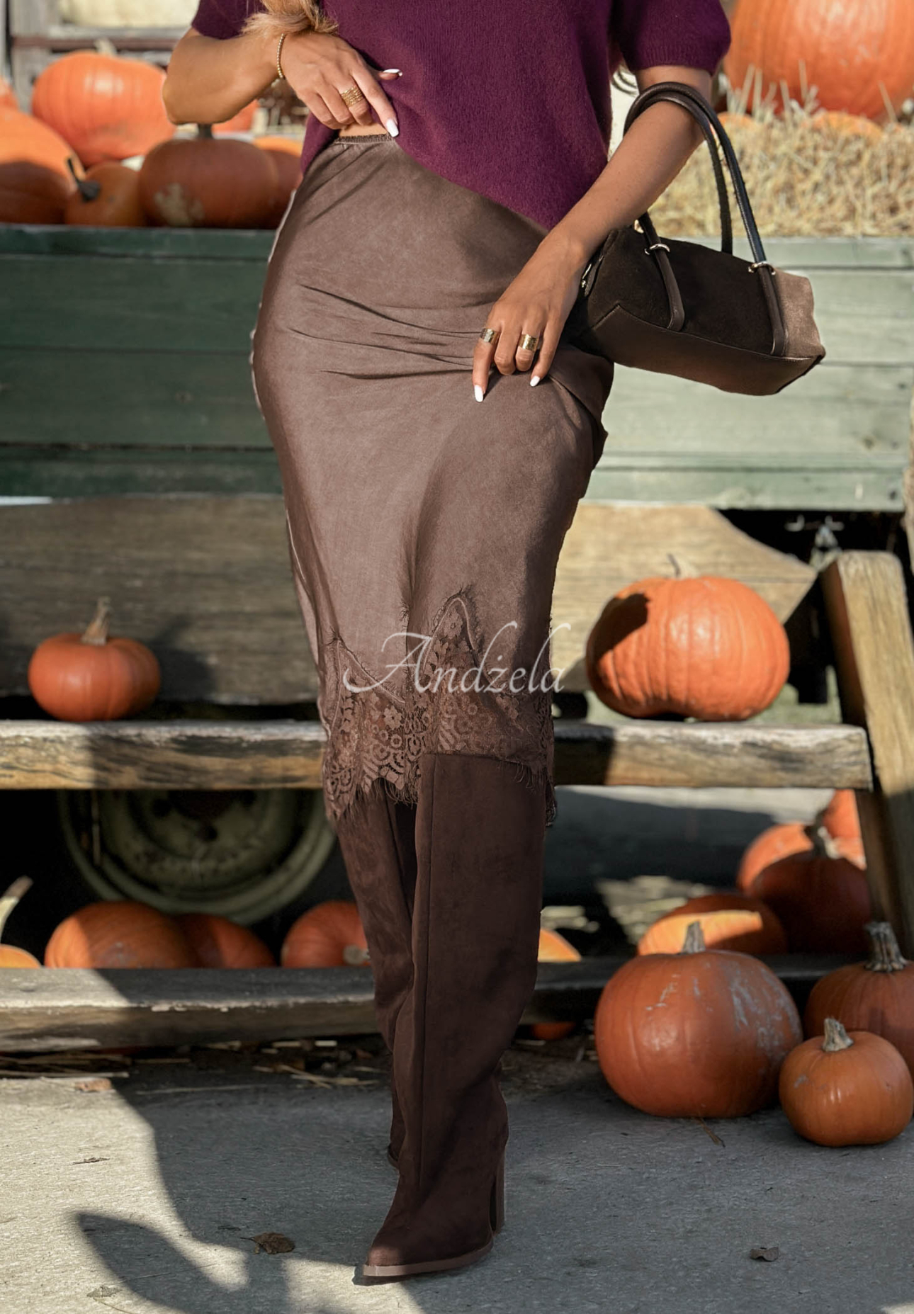 Viskose-Satinrock mit Spitze Subtle Lace Schokoladenbraun