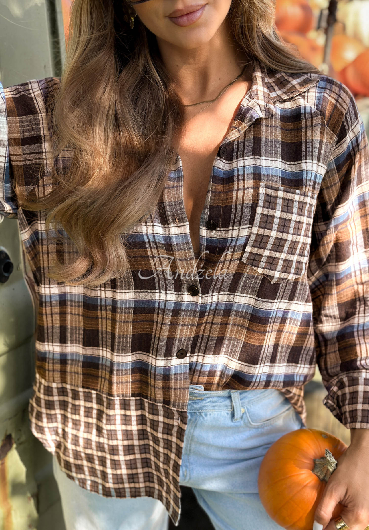 Asymmetrisches Baumwollhemd mit kariertem Muster Soft Willow Dunkelblau