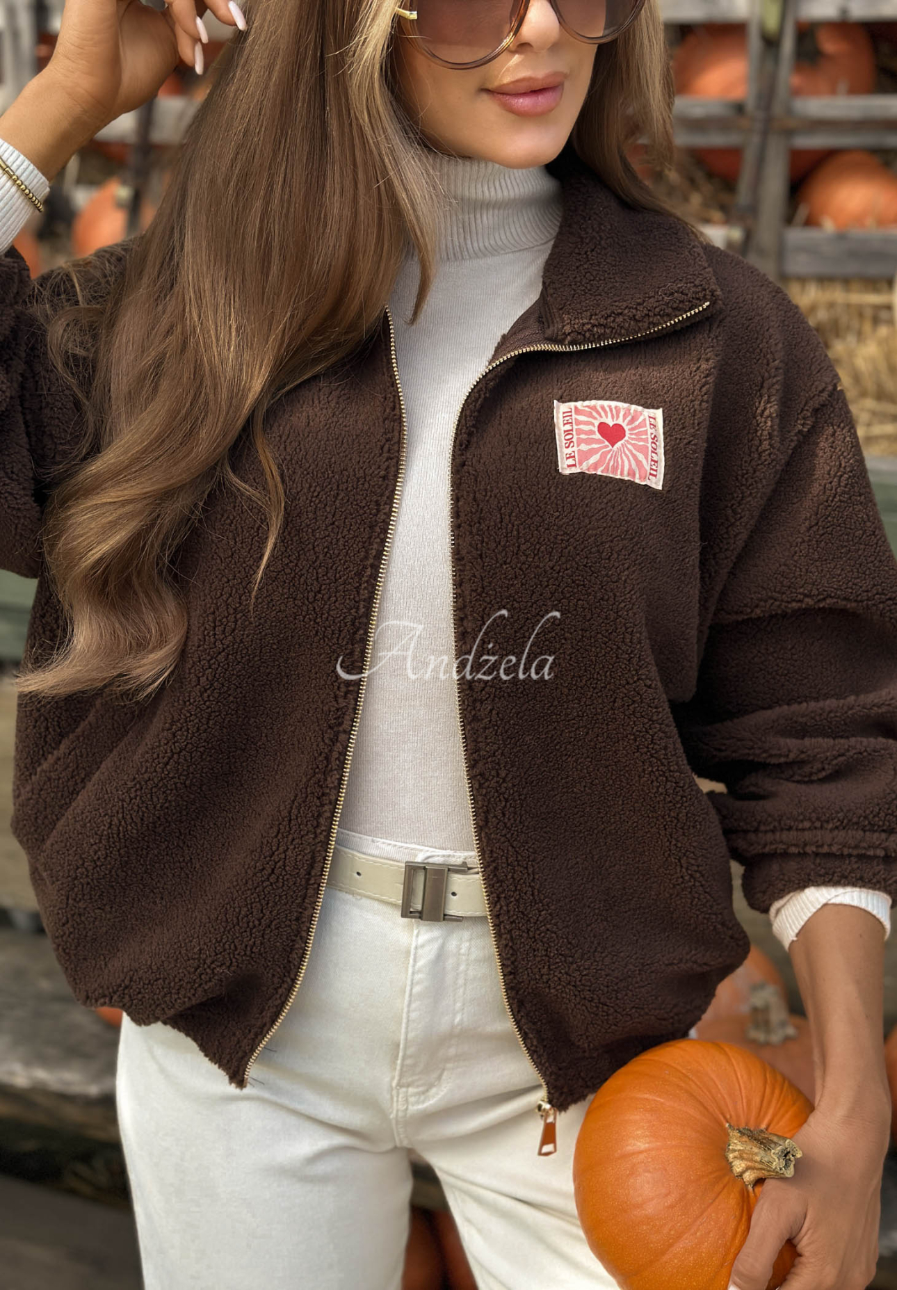 Sherpa-Sweatshirt mit Stehkragen Fallen Rose Schokoladenbraun