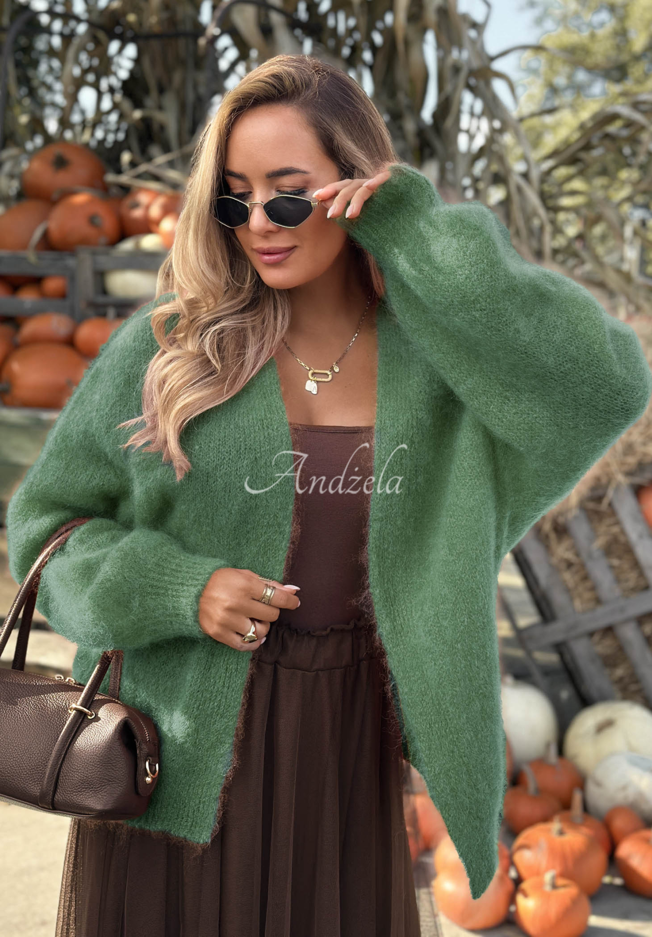 Oversize-Strickjacke aus Mohair vorne offen Cozy Latte salbeigrün