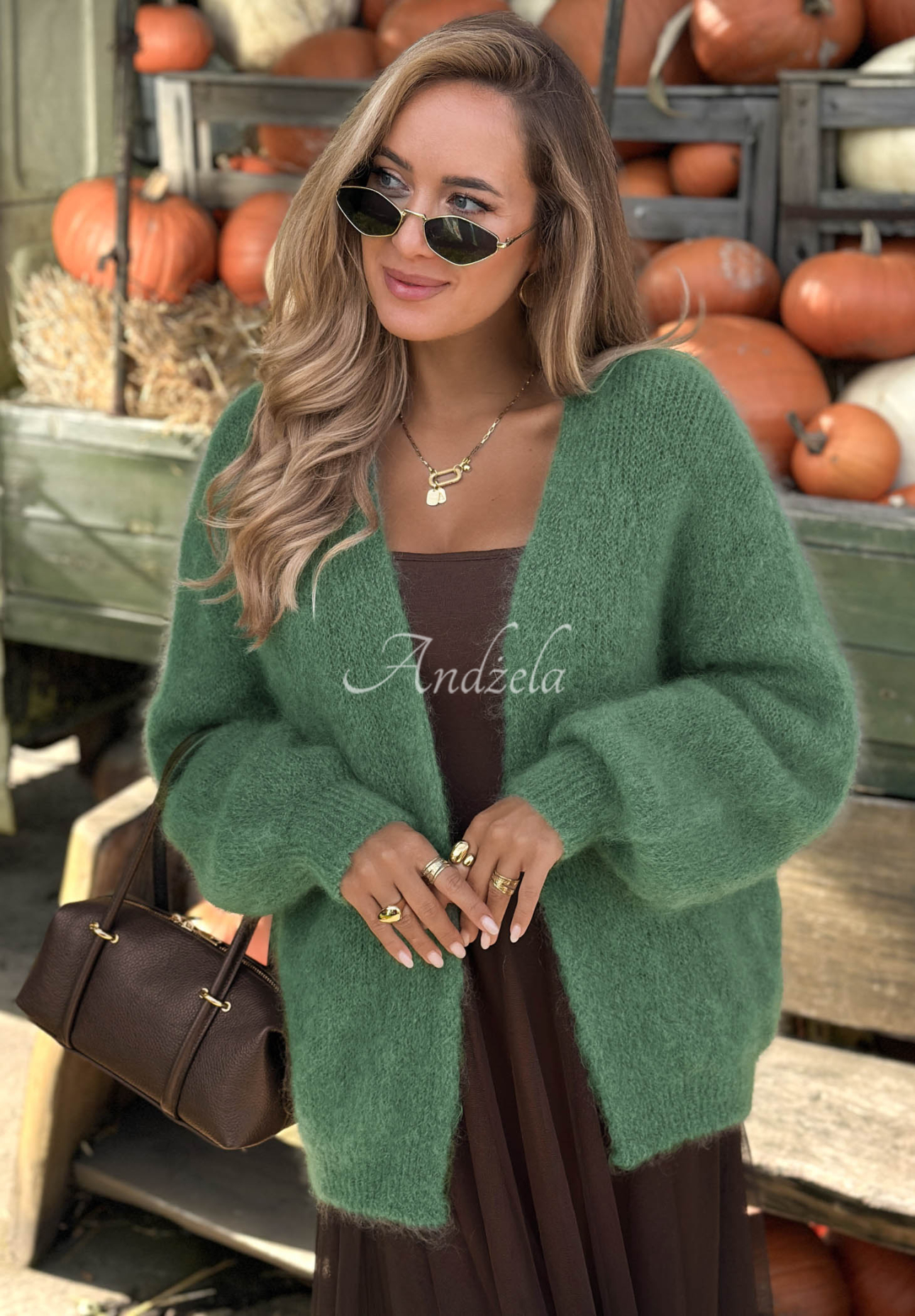 Oversize-Strickjacke aus Mohair vorne offen Cozy Latte salbeigrün